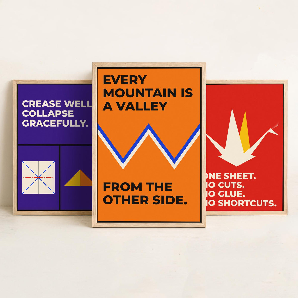 Origami Quotes Set of Three Art Prints - 3 Retro Bauhaus Paper Folding Posters - Minimalist Craft Wall Art Illustration V2