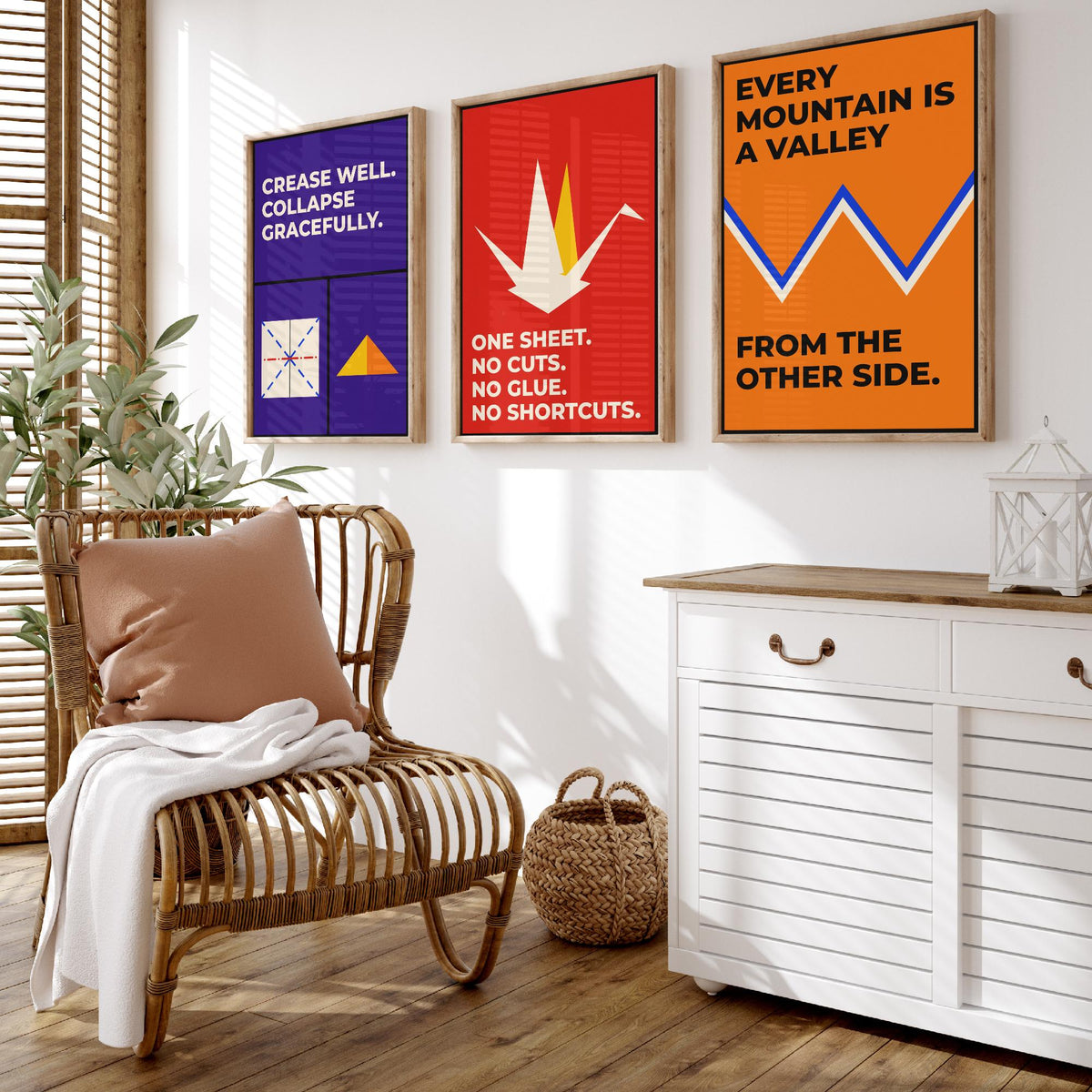 Origami Quotes Set of Three Art Prints - 3 Retro Bauhaus Paper Folding Posters - Minimalist Craft Wall Art Illustration V2