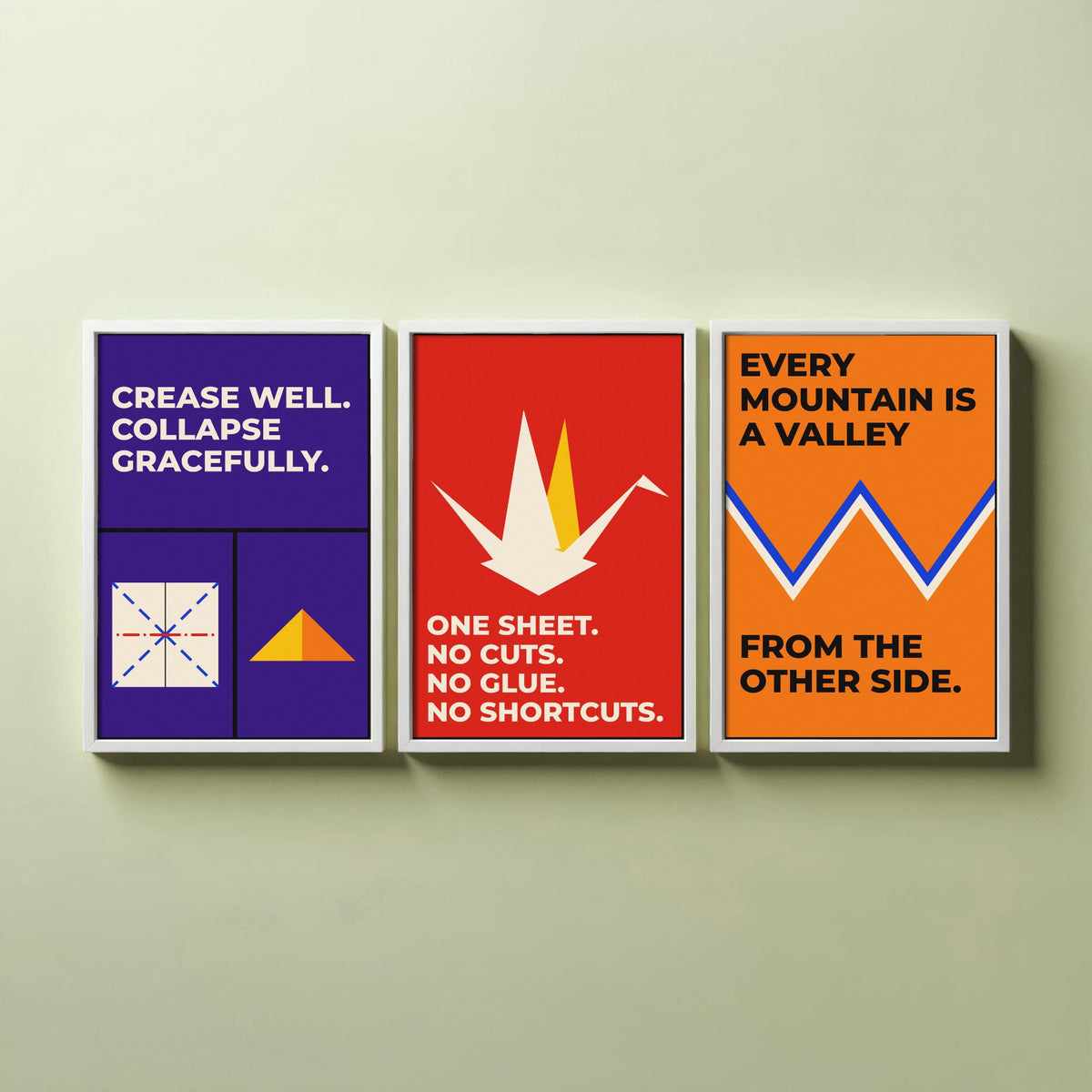 Origami Quotes Set of Three Art Prints - 3 Retro Bauhaus Paper Folding Posters - Minimalist Craft Wall Art Illustration V2