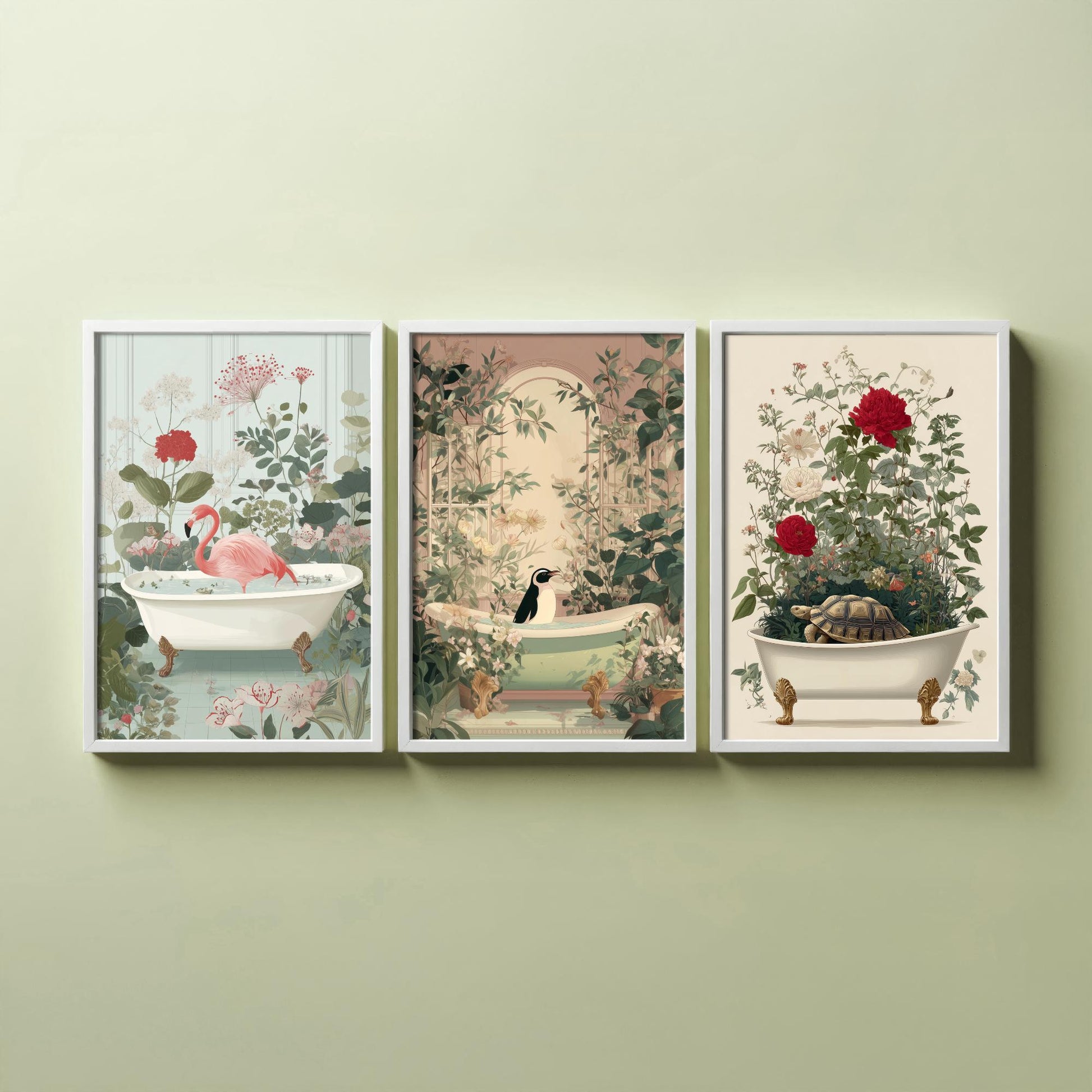 Animals in Bathtubs Set of Three Art Prints - 3 Flamingo Penguin Tortoise Posters - Bathroom Wall Art Gift Botanical Illustration