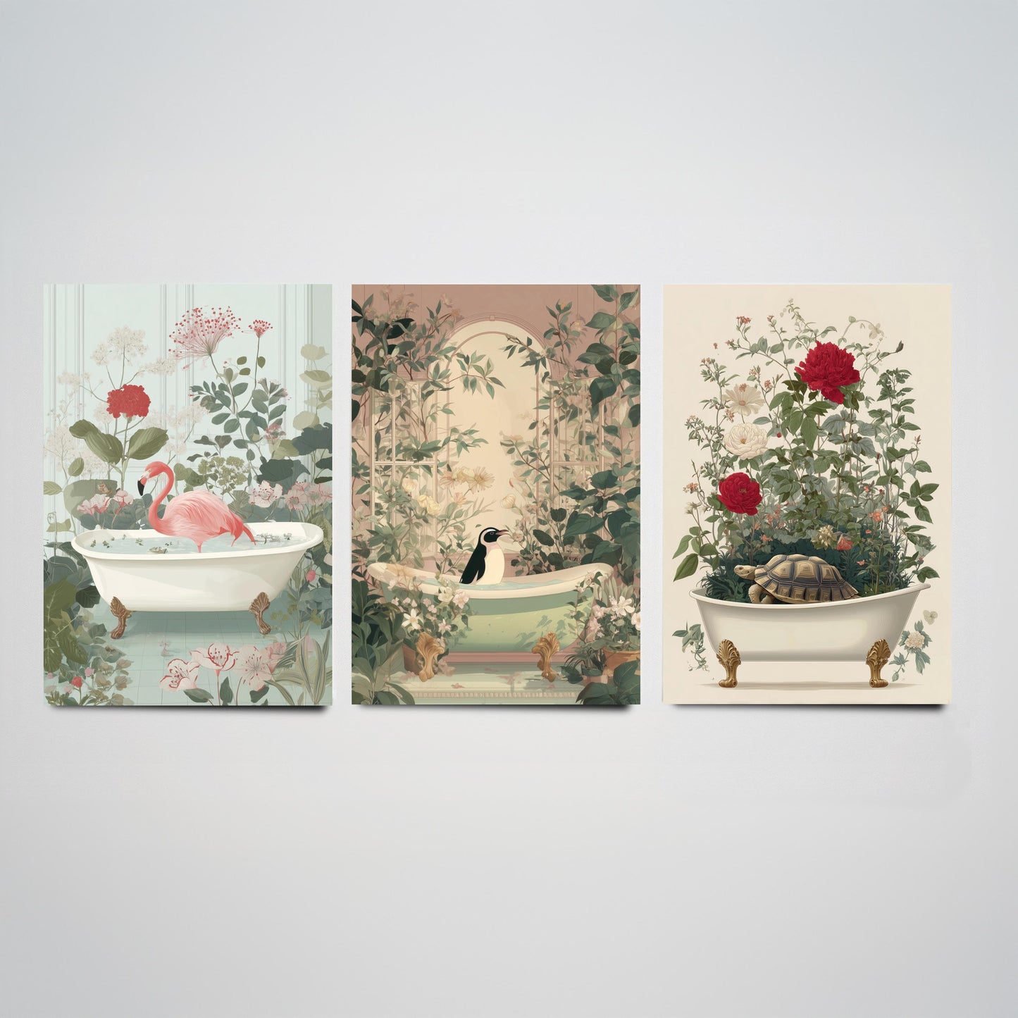Animals in Bathtubs Set of Three Art Prints - 3 Flamingo Penguin Tortoise Posters - Bathroom Wall Art Gift Botanical Illustration