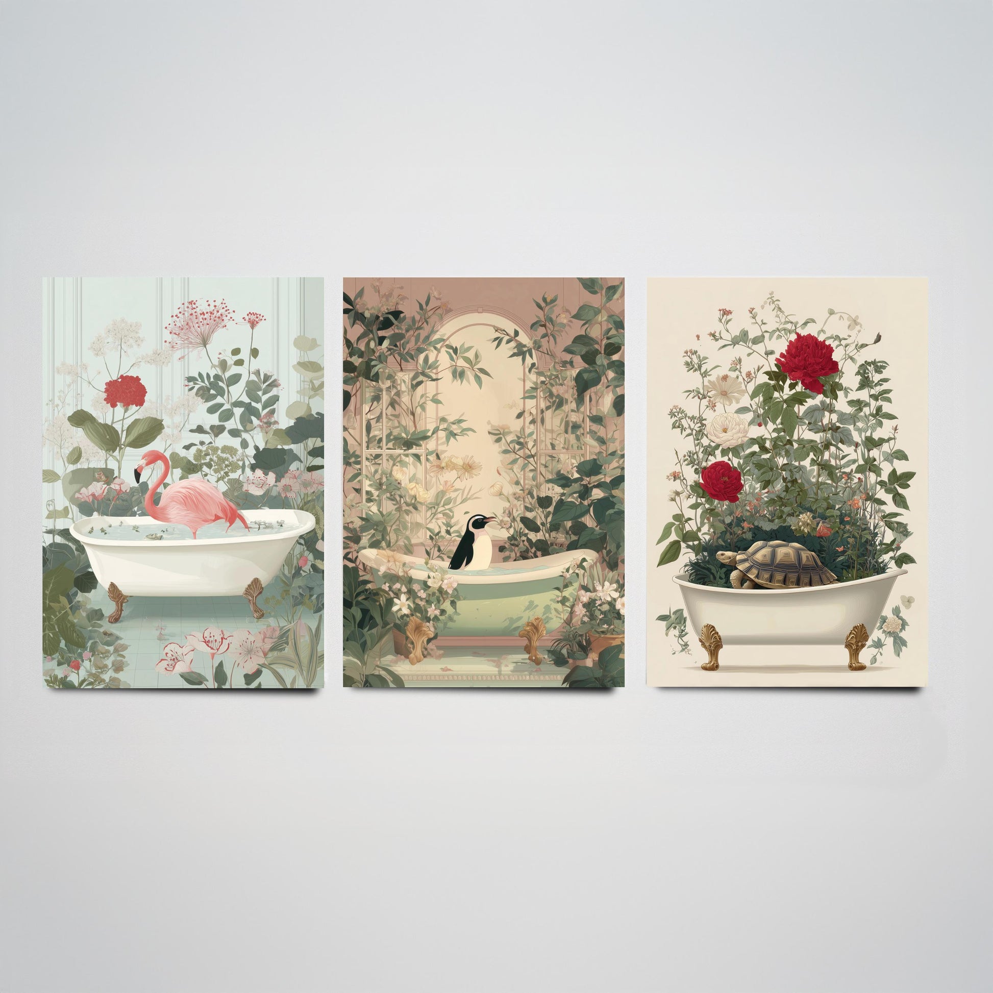 Animals in Bathtubs Set of Three Art Prints - 3 Flamingo Penguin Tortoise Posters - Bathroom Wall Art Gift Botanical Illustration