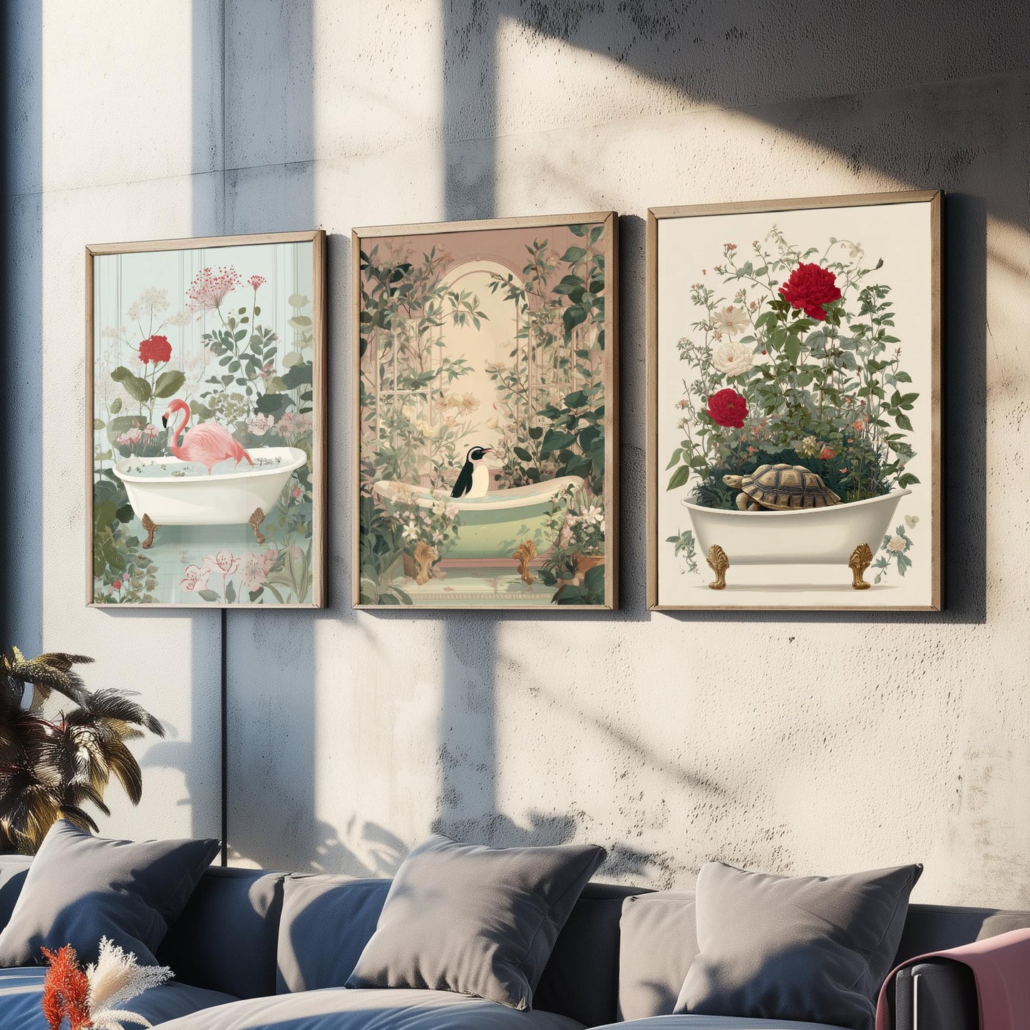 Animals in Bathtubs Set of Three Art Prints - 3 Flamingo Penguin Tortoise Posters - Bathroom Wall Art Gift Botanical Illustration