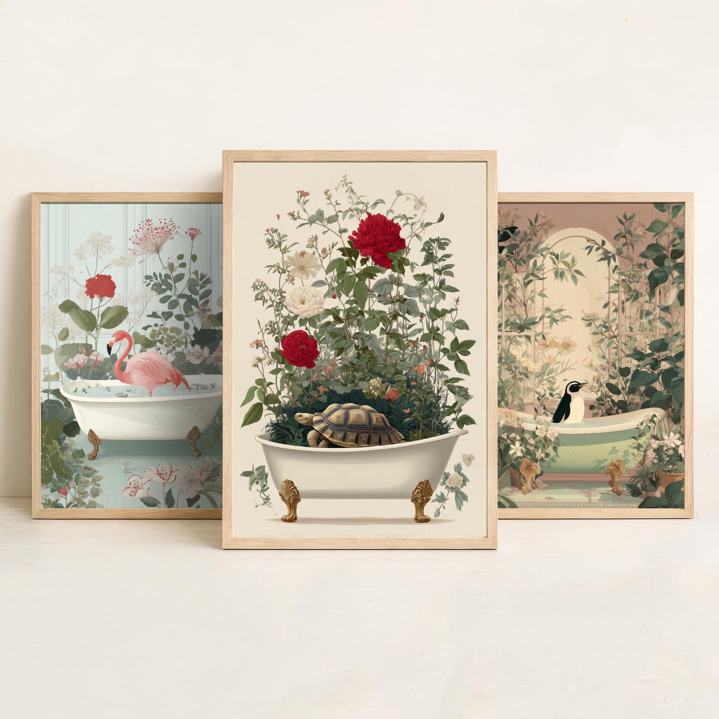 Animals in Bathtubs Set of Three Art Prints - 3 Flamingo Penguin Tortoise Posters - Bathroom Wall Art Gift Botanical Illustration