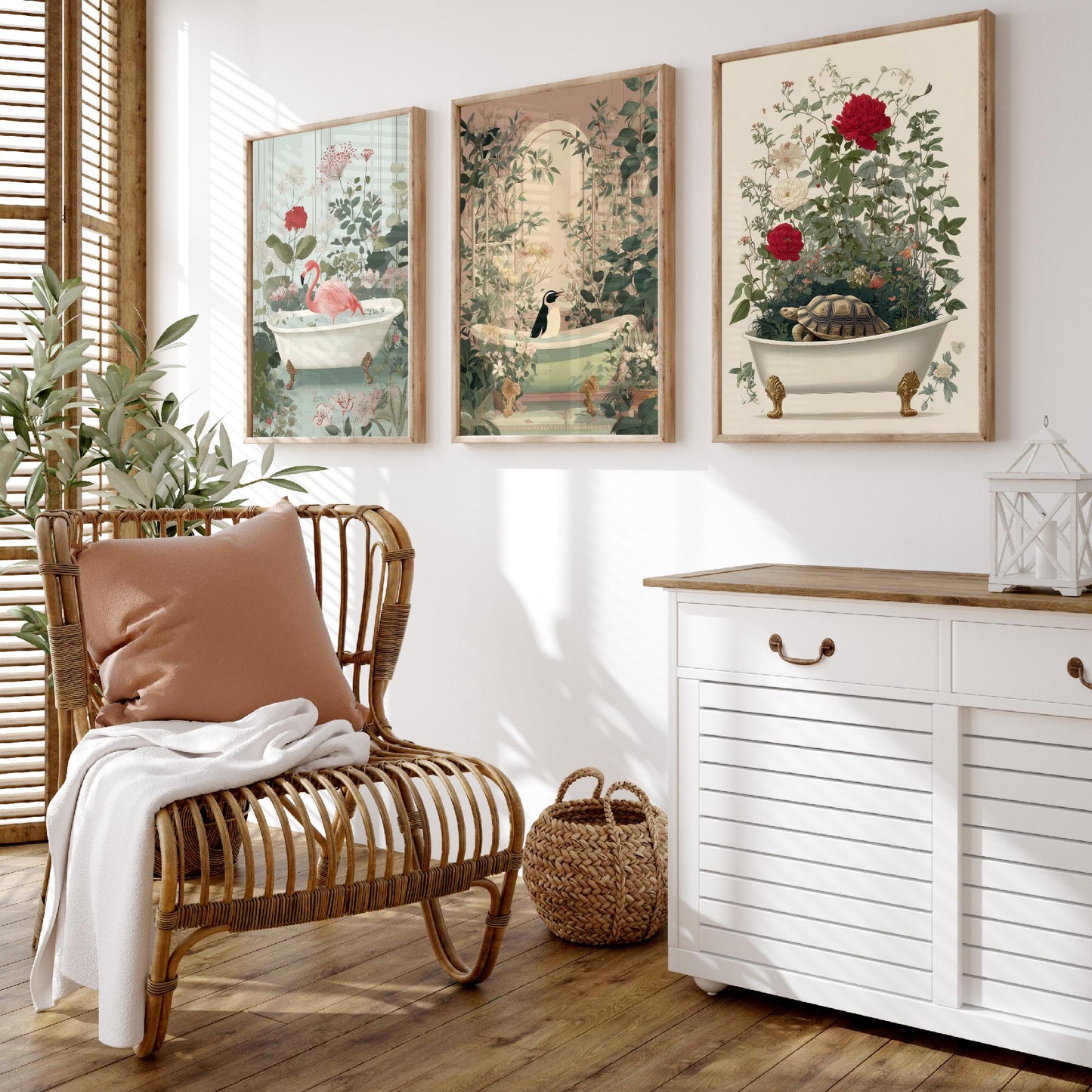 Animals in Bathtubs Set of Three Art Prints - 3 Flamingo Penguin Tortoise Posters - Bathroom Wall Art Gift Botanical Illustration