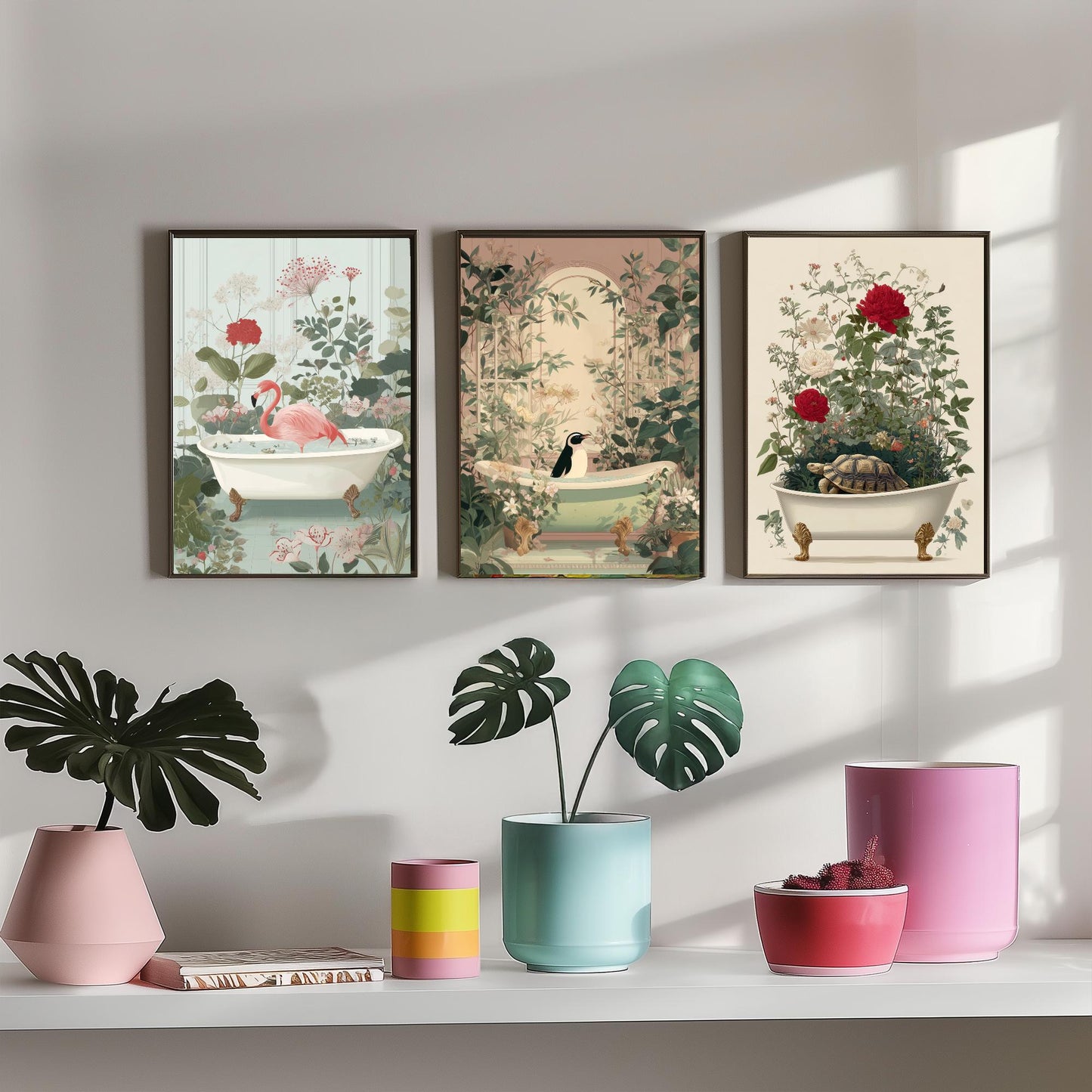 Animals in Bathtubs Set of Three Art Prints - 3 Flamingo Penguin Tortoise Posters - Bathroom Wall Art Gift Botanical Illustration