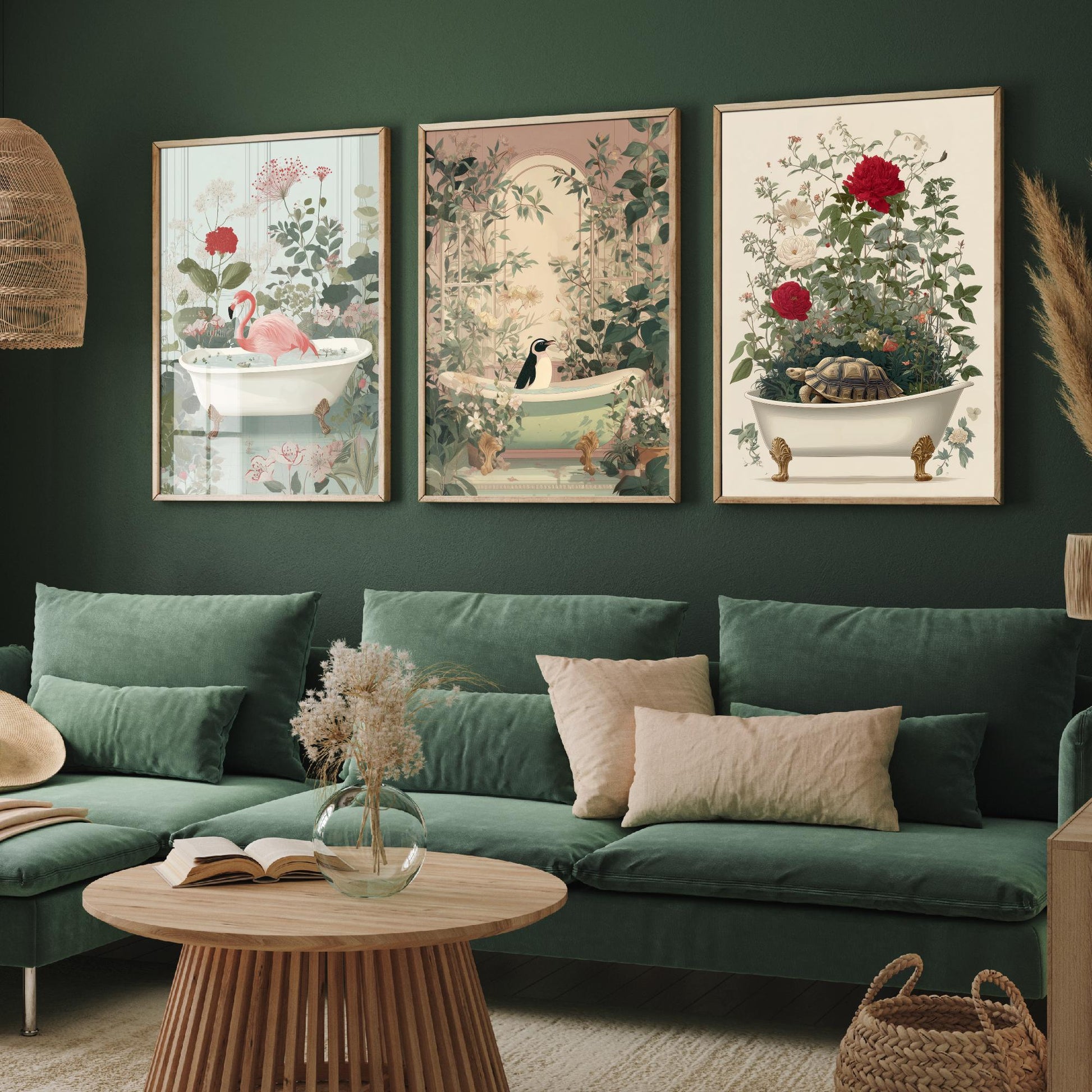 Animals in Bathtubs Set of Three Art Prints - 3 Flamingo Penguin Tortoise Posters - Bathroom Wall Art Gift Botanical Illustration