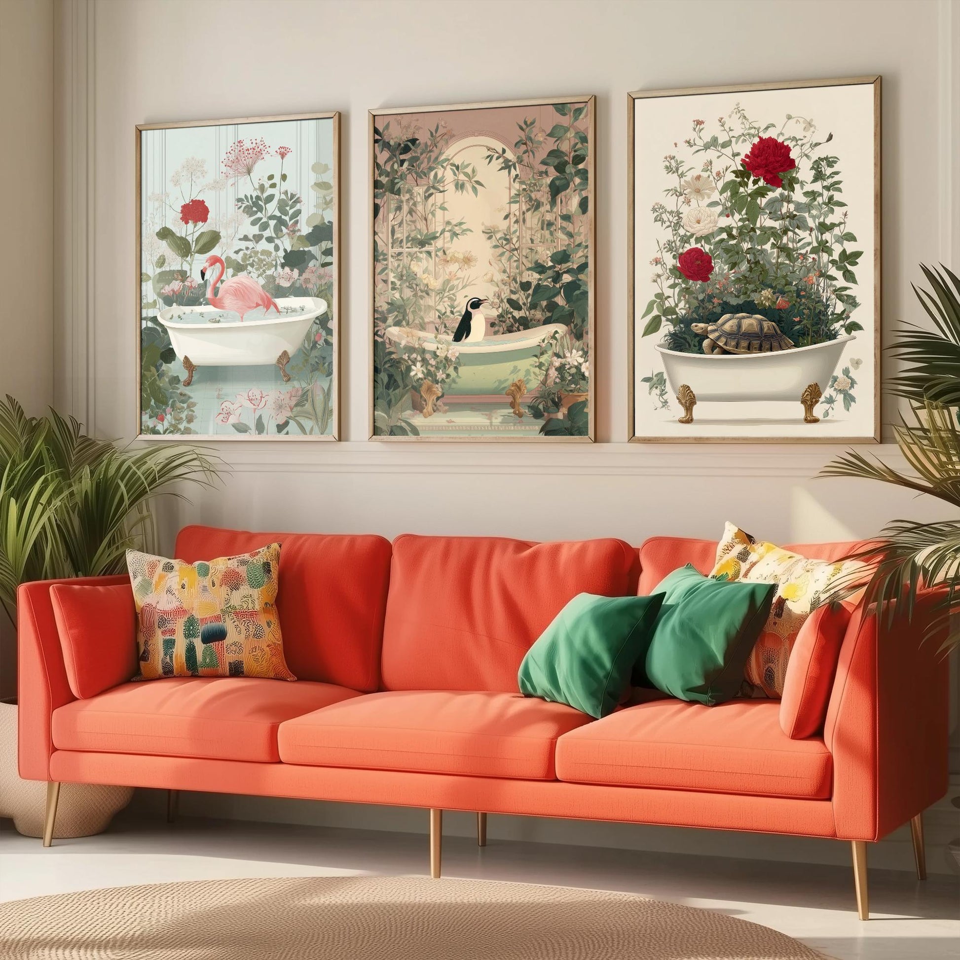 Animals in Bathtubs Set of Three Art Prints - 3 Flamingo Penguin Tortoise Posters - Bathroom Wall Art Gift Botanical Illustration