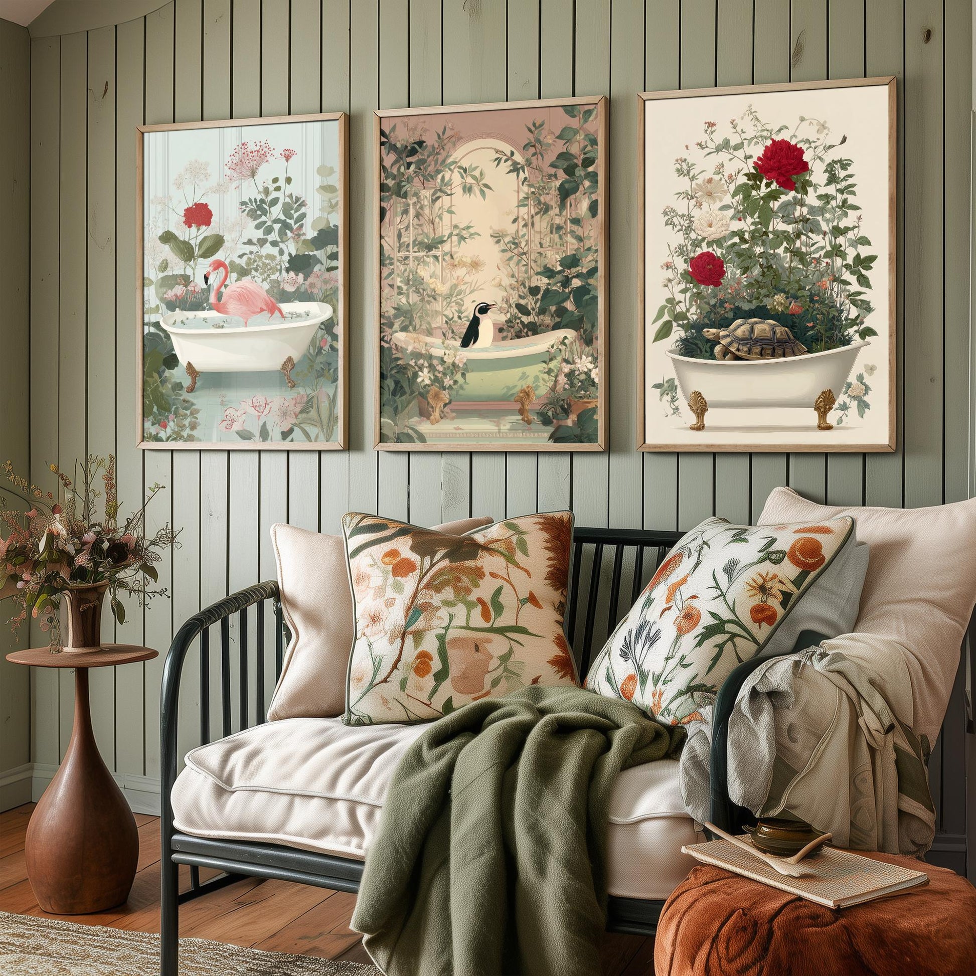 Animals in Bathtubs Set of Three Art Prints - 3 Flamingo Penguin Tortoise Posters - Bathroom Wall Art Gift Botanical Illustration