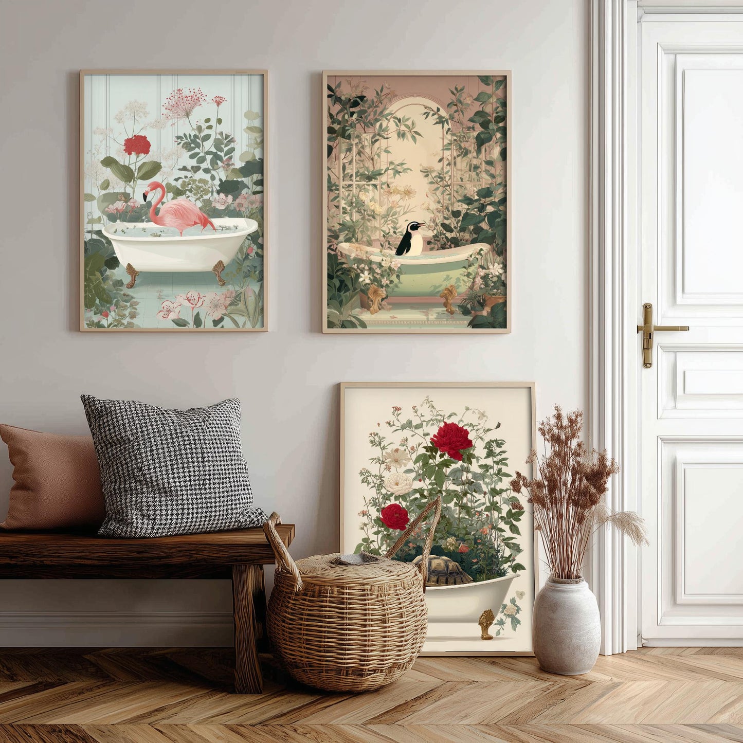 Animals in Bathtubs Set of Three Art Prints - 3 Flamingo Penguin Tortoise Posters - Bathroom Wall Art Gift Botanical Illustration
