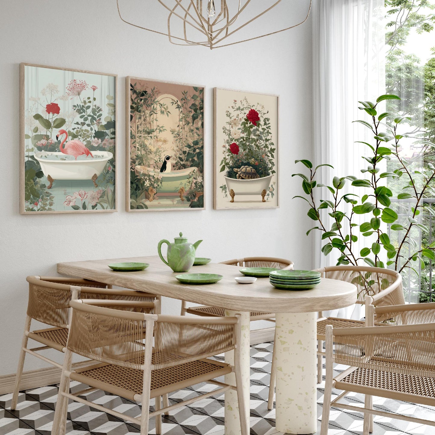Animals in Bathtubs Set of Three Art Prints - 3 Flamingo Penguin Tortoise Posters - Bathroom Wall Art Gift Botanical Illustration