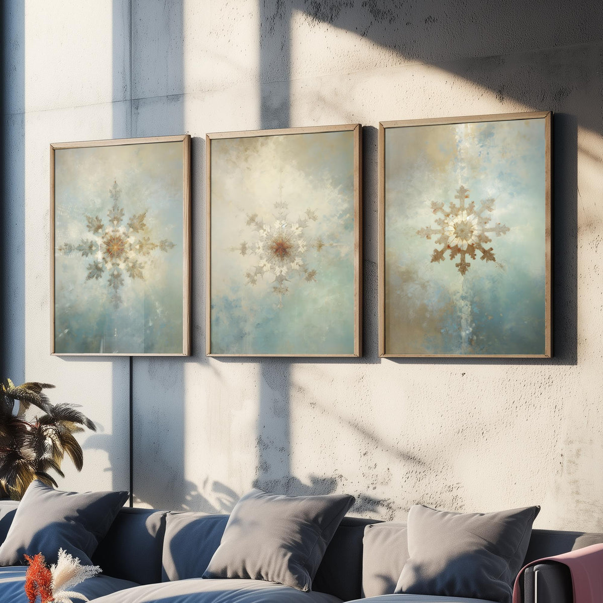 Ornate Snowflakes Set of Three Art Prints - Gilded Frost Crystals on Misty Blue - Soft Oil Painting Style Winter Poster