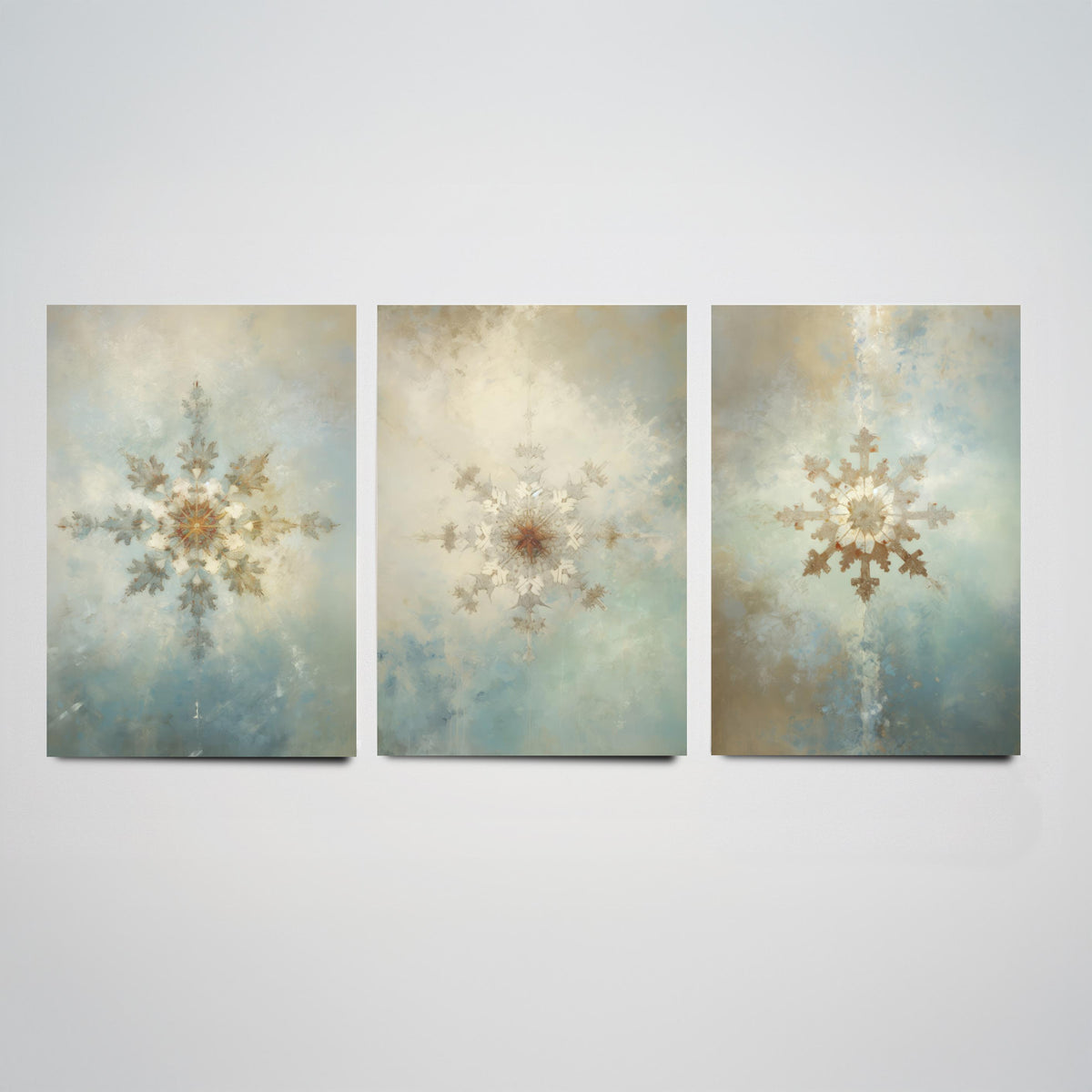Ornate Snowflakes Set of Three Art Prints - Gilded Frost Crystals on Misty Blue - Soft Oil Painting Style Winter Poster