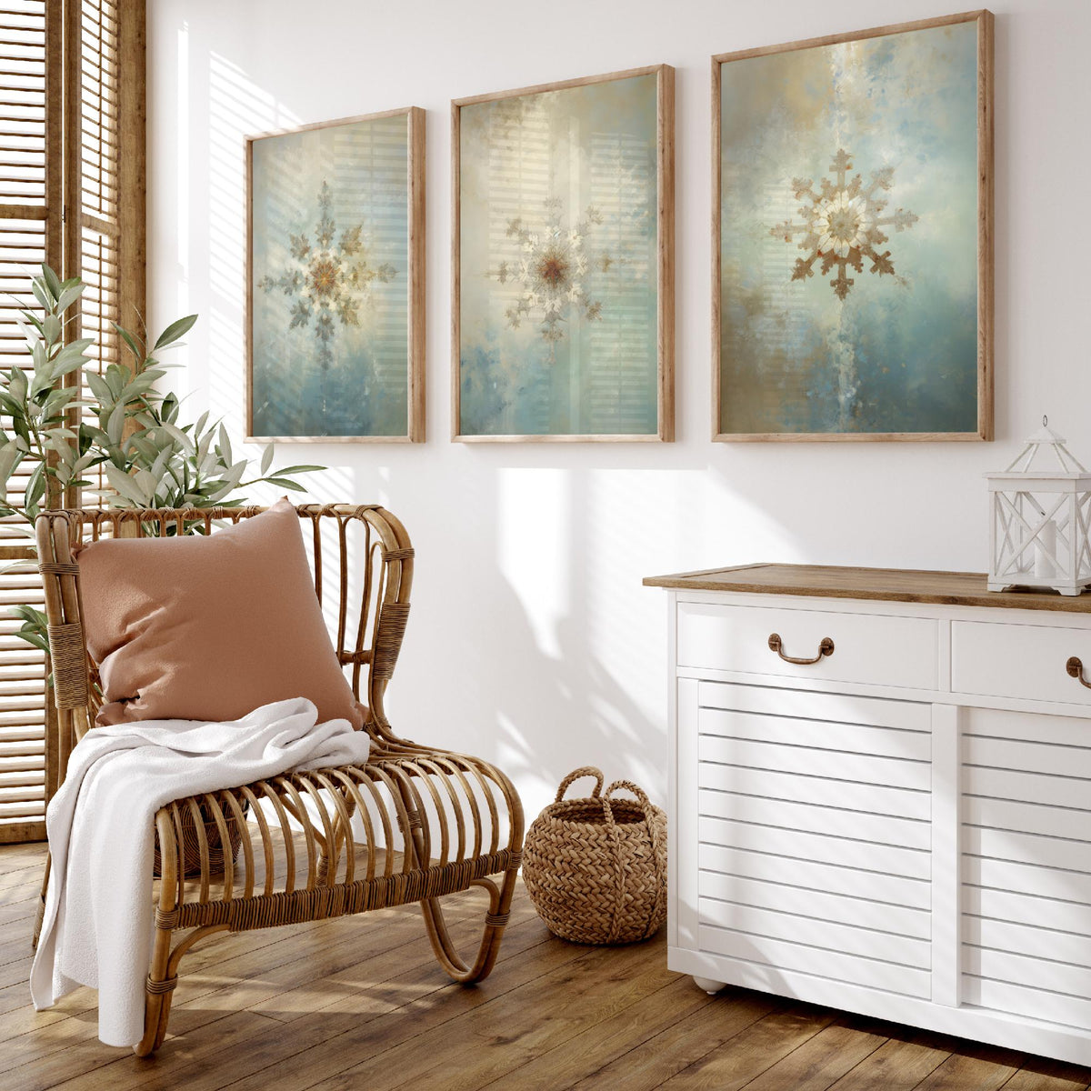 Ornate Snowflakes Set of Three Art Prints - Gilded Frost Crystals on Misty Blue - Soft Oil Painting Style Winter Poster