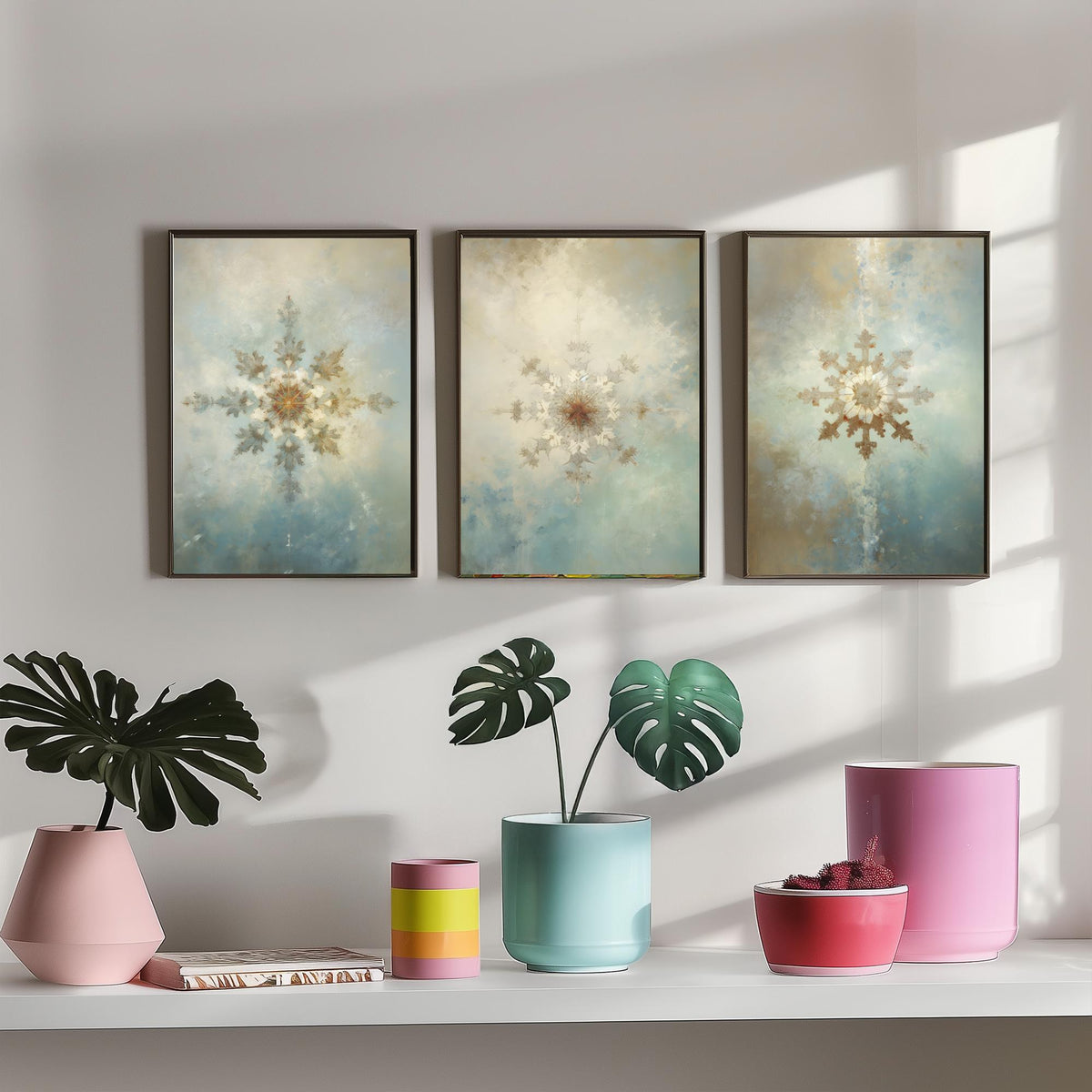 Ornate Snowflakes Set of Three Art Prints - Gilded Frost Crystals on Misty Blue - Soft Oil Painting Style Winter Poster