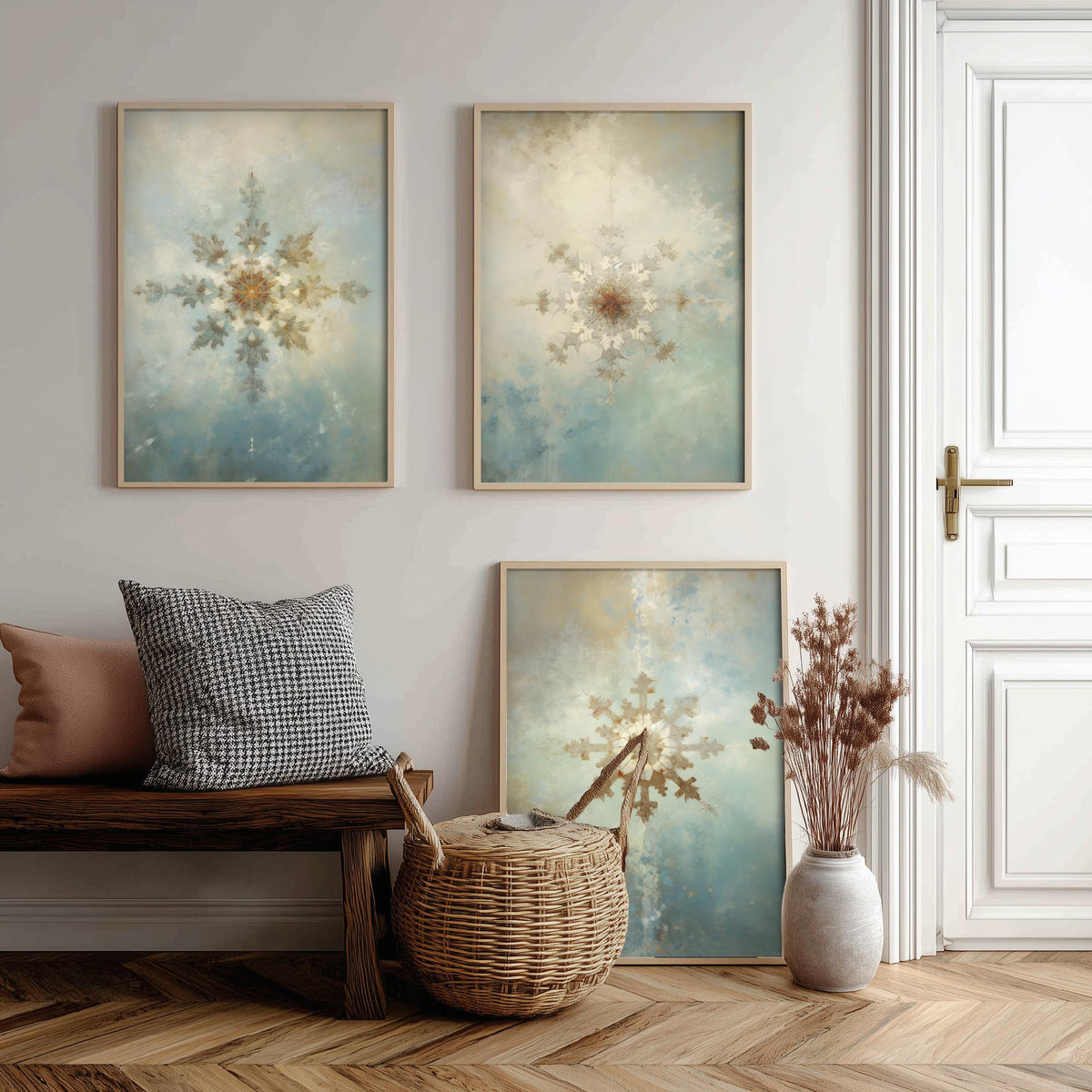 Ornate Snowflakes Set of Three Art Prints - Gilded Frost Crystals on Misty Blue - Soft Oil Painting Style Winter Poster