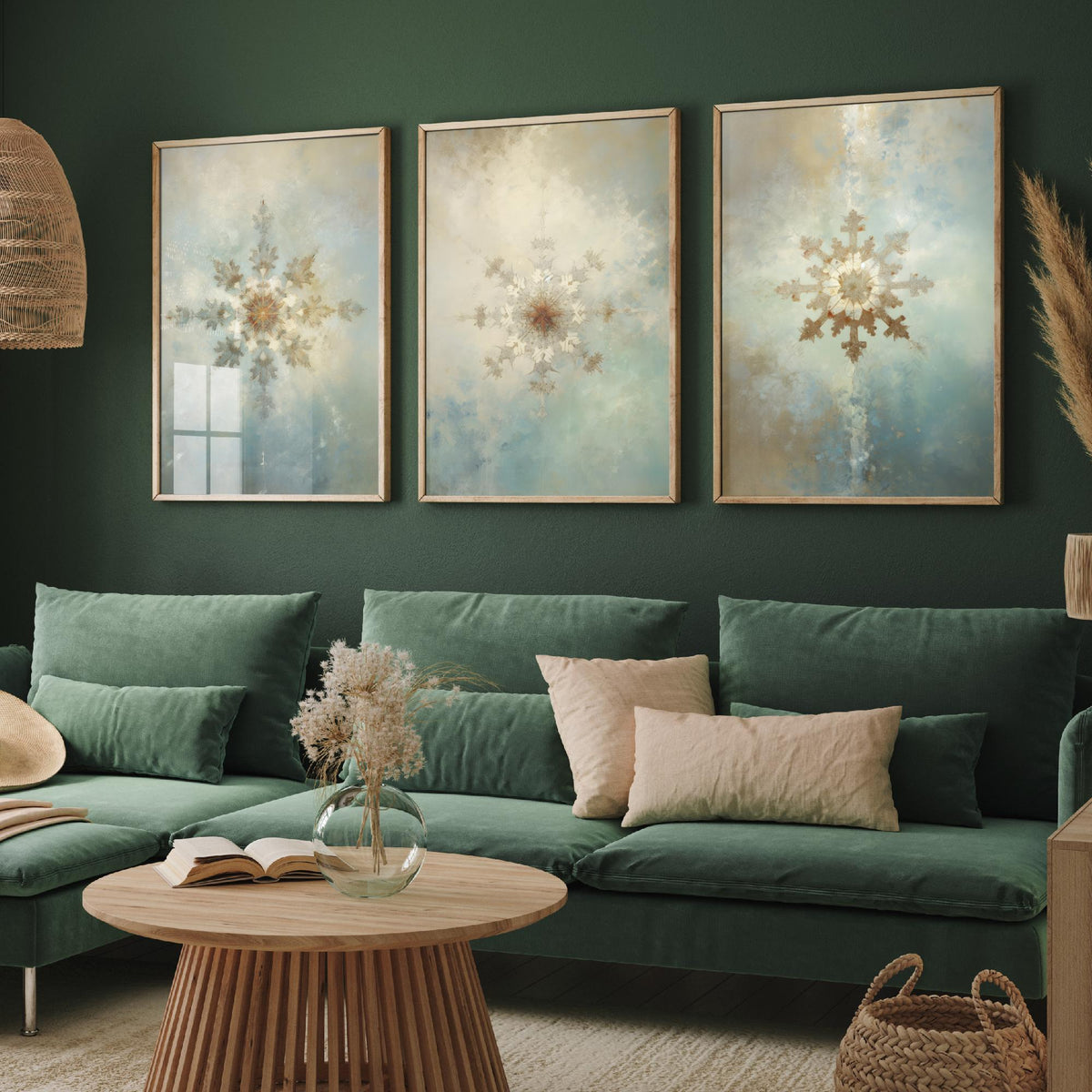 Ornate Snowflakes Set of Three Art Prints - Gilded Frost Crystals on Misty Blue - Soft Oil Painting Style Winter Poster