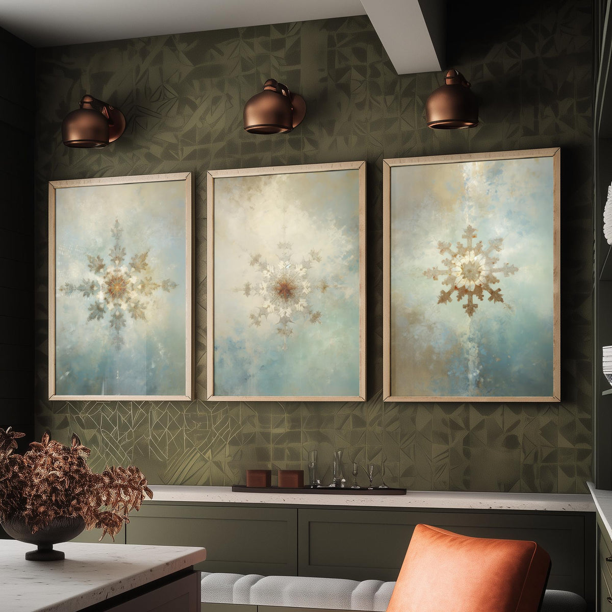 Ornate Snowflakes Set of Three Art Prints - Gilded Frost Crystals on Misty Blue - Soft Oil Painting Style Winter Poster