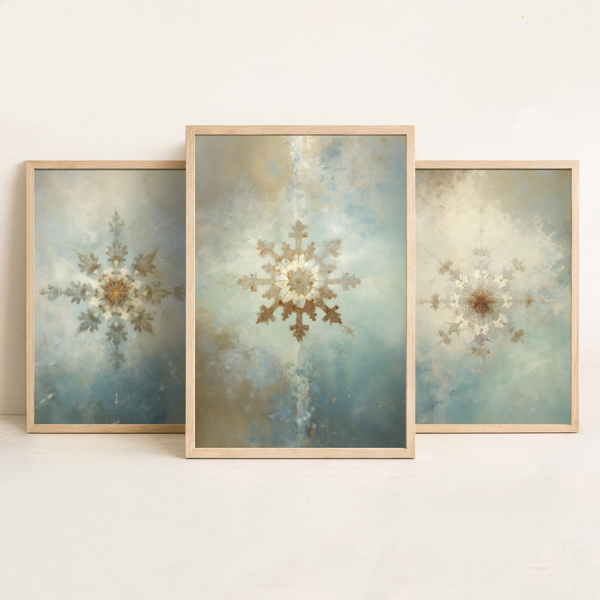 Ornate Snowflakes Set of Three Art Prints - Gilded Frost Crystals on Misty Blue - Soft Oil Painting Style Winter Poster