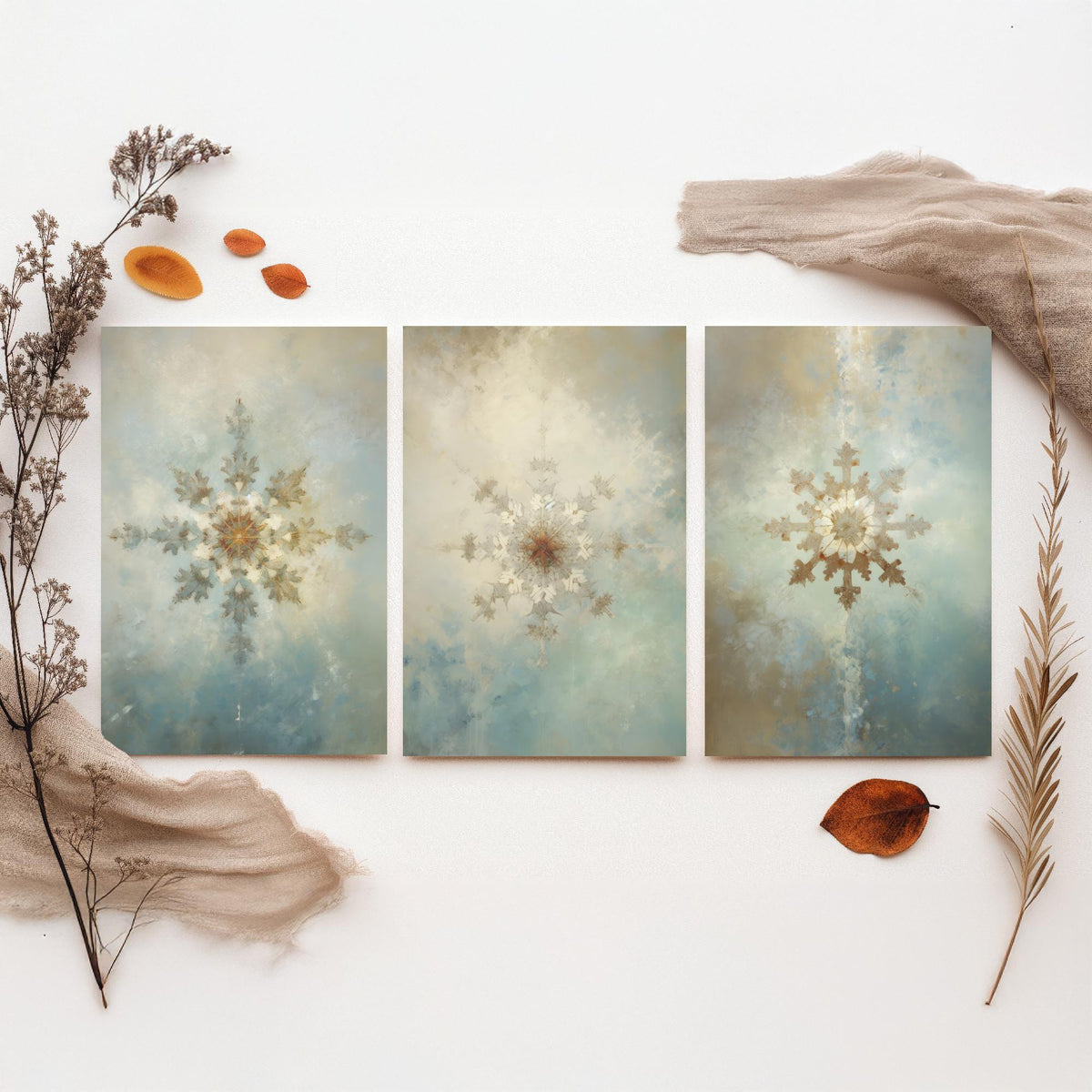 Ornate Snowflakes Set of Three Art Prints - Gilded Frost Crystals on Misty Blue - Soft Oil Painting Style Winter Poster
