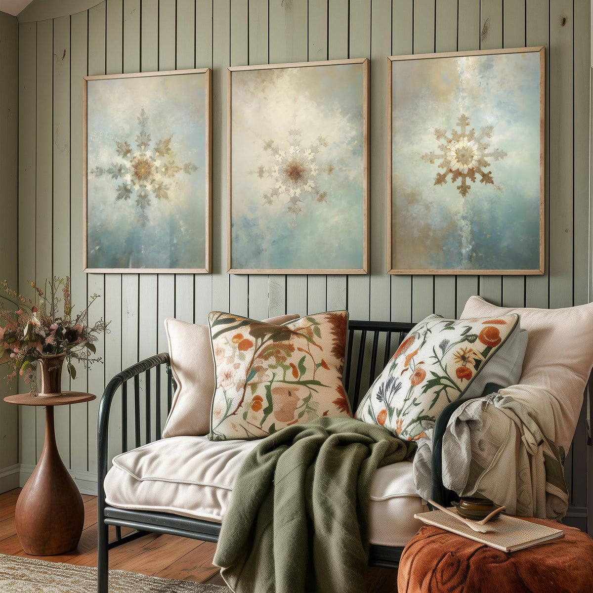 Ornate Snowflakes Set of Three Art Prints - Gilded Frost Crystals on Misty Blue - Soft Oil Painting Style Winter Poster