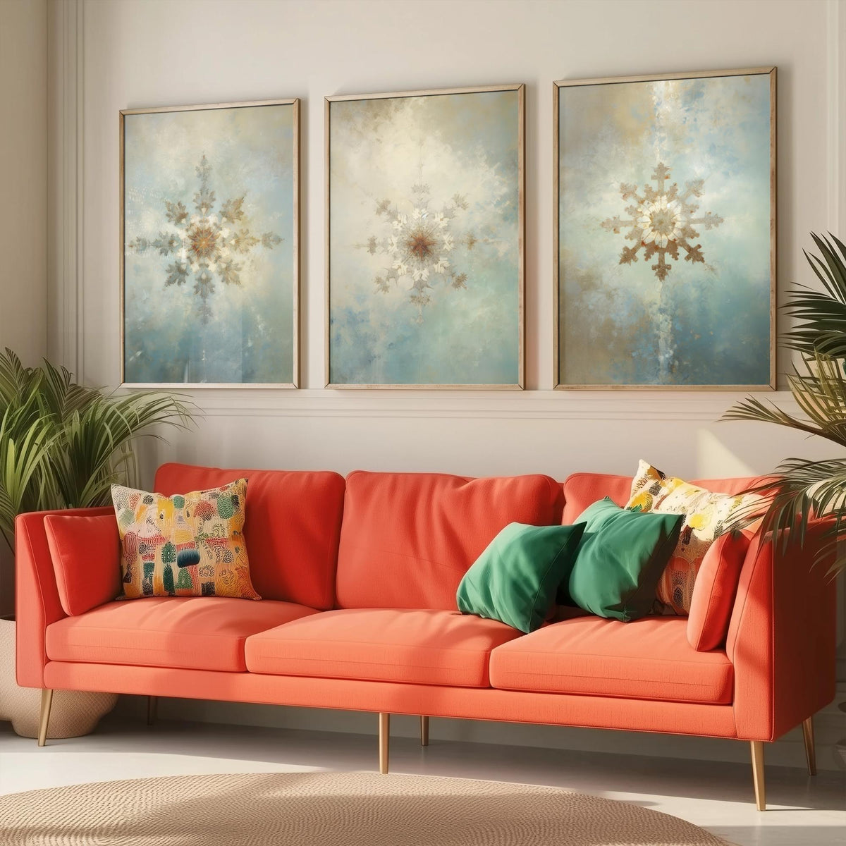 Ornate Snowflakes Set of Three Art Prints - Gilded Frost Crystals on Misty Blue - Soft Oil Painting Style Winter Poster