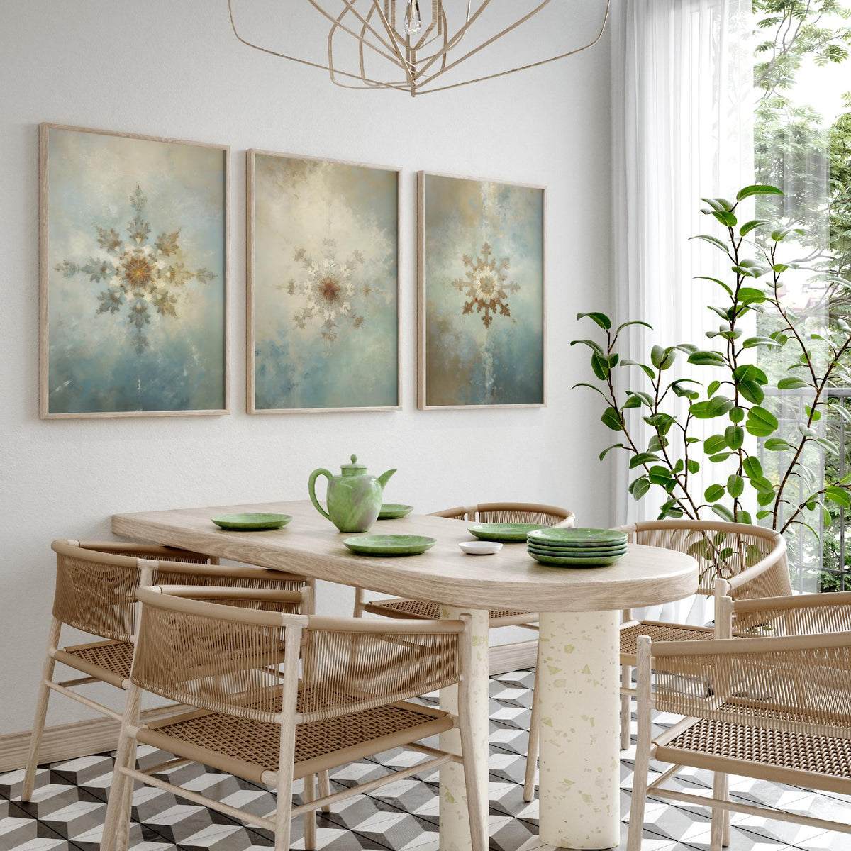 Ornate Snowflakes Set of Three Art Prints - Gilded Frost Crystals on Misty Blue - Soft Oil Painting Style Winter Poster