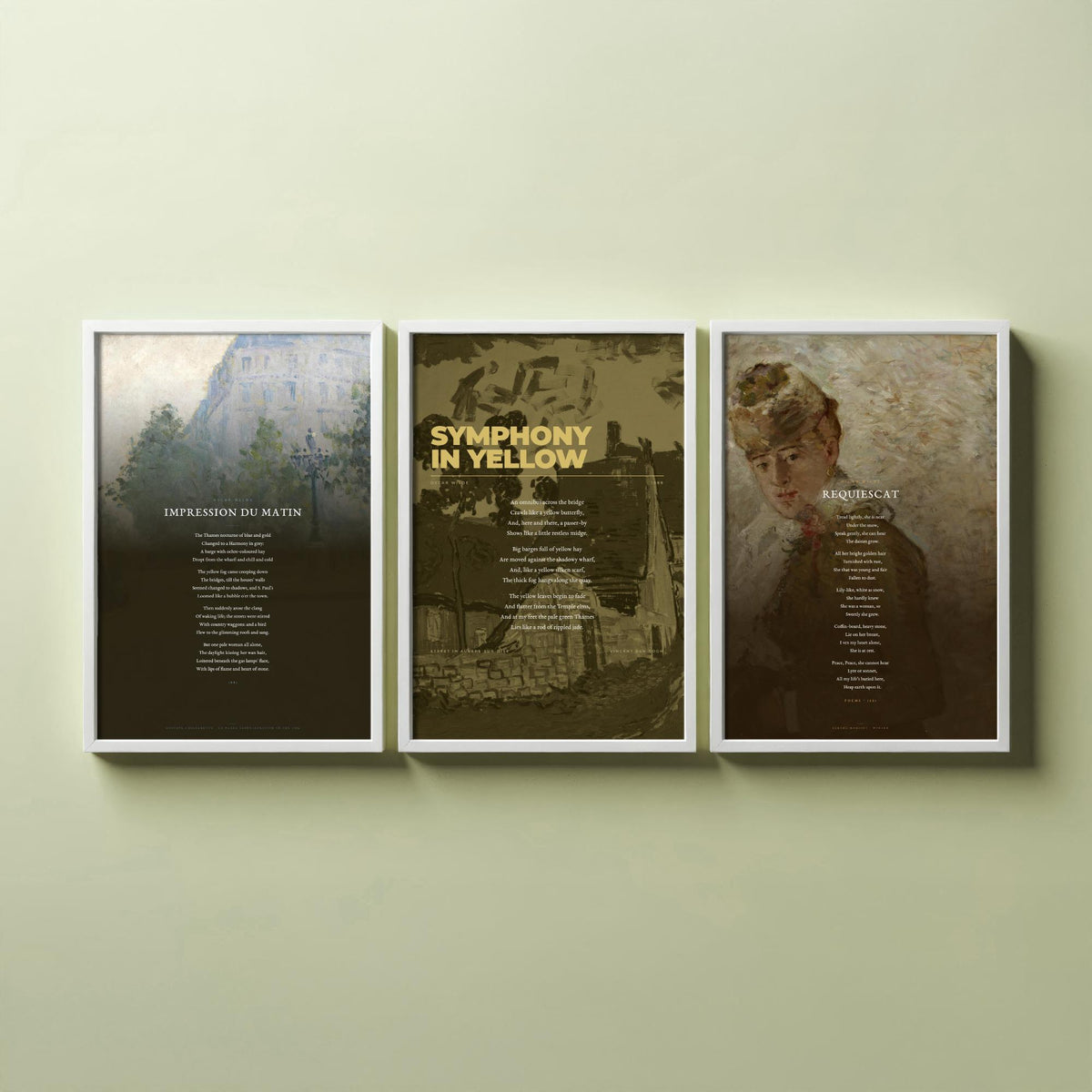 Oscar Wilde Poems Set of Three Art Prints - Impression du Matin, Symphony in Yellow, Requiescat - Painting Poster Triptych