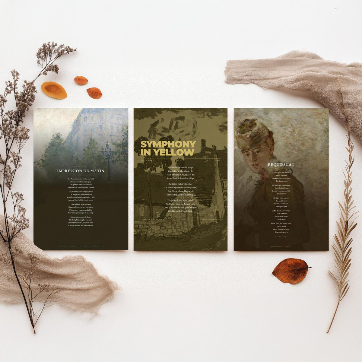Oscar Wilde Poems Set of Three Art Prints - Impression du Matin, Symphony in Yellow, Requiescat - Painting Poster Triptych