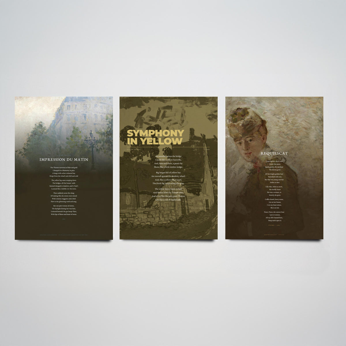 Oscar Wilde Poems Set of Three Art Prints - Impression du Matin, Symphony in Yellow, Requiescat - Painting Poster Triptych