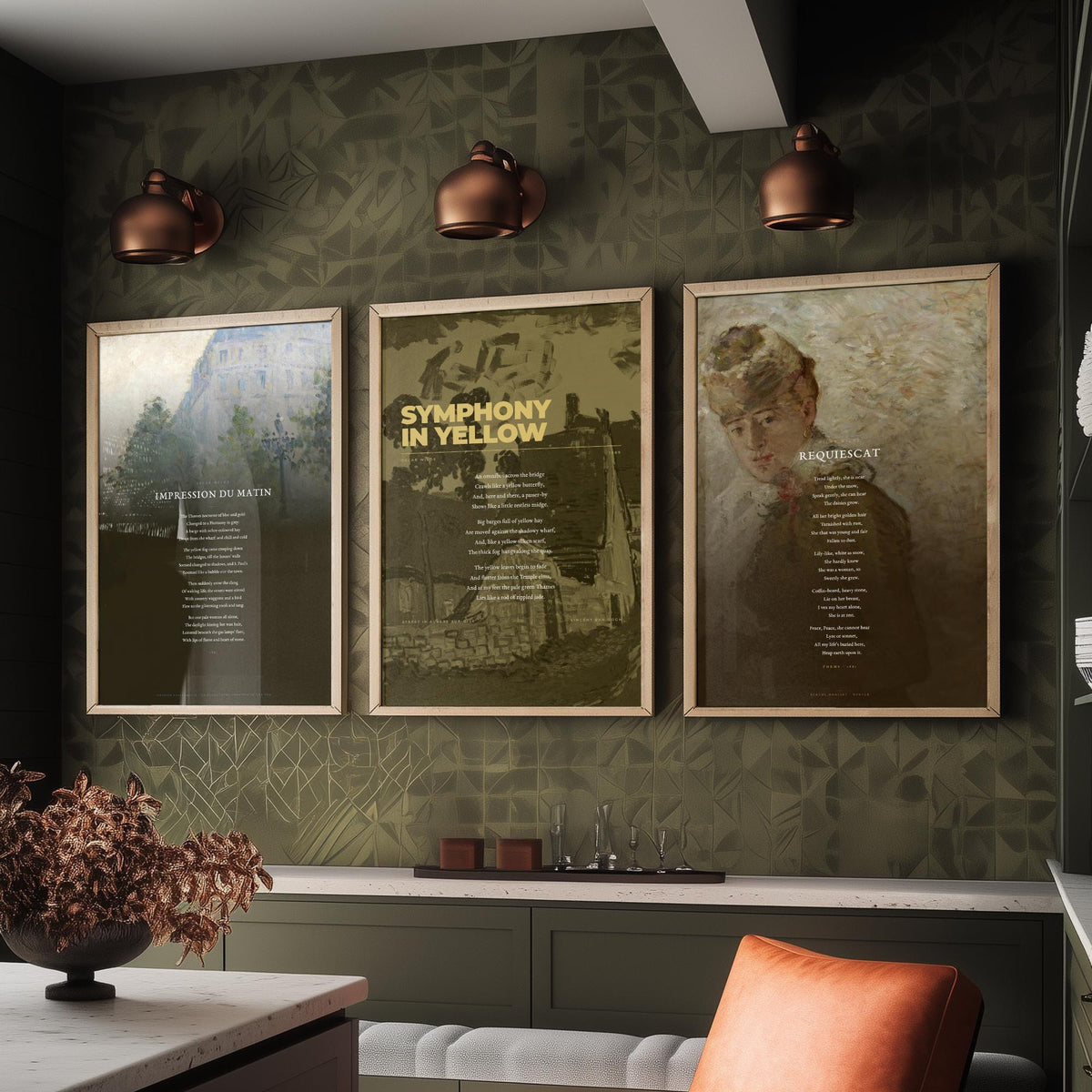 Oscar Wilde Poems Set of Three Art Prints - Impression du Matin, Symphony in Yellow, Requiescat - Painting Poster Triptych