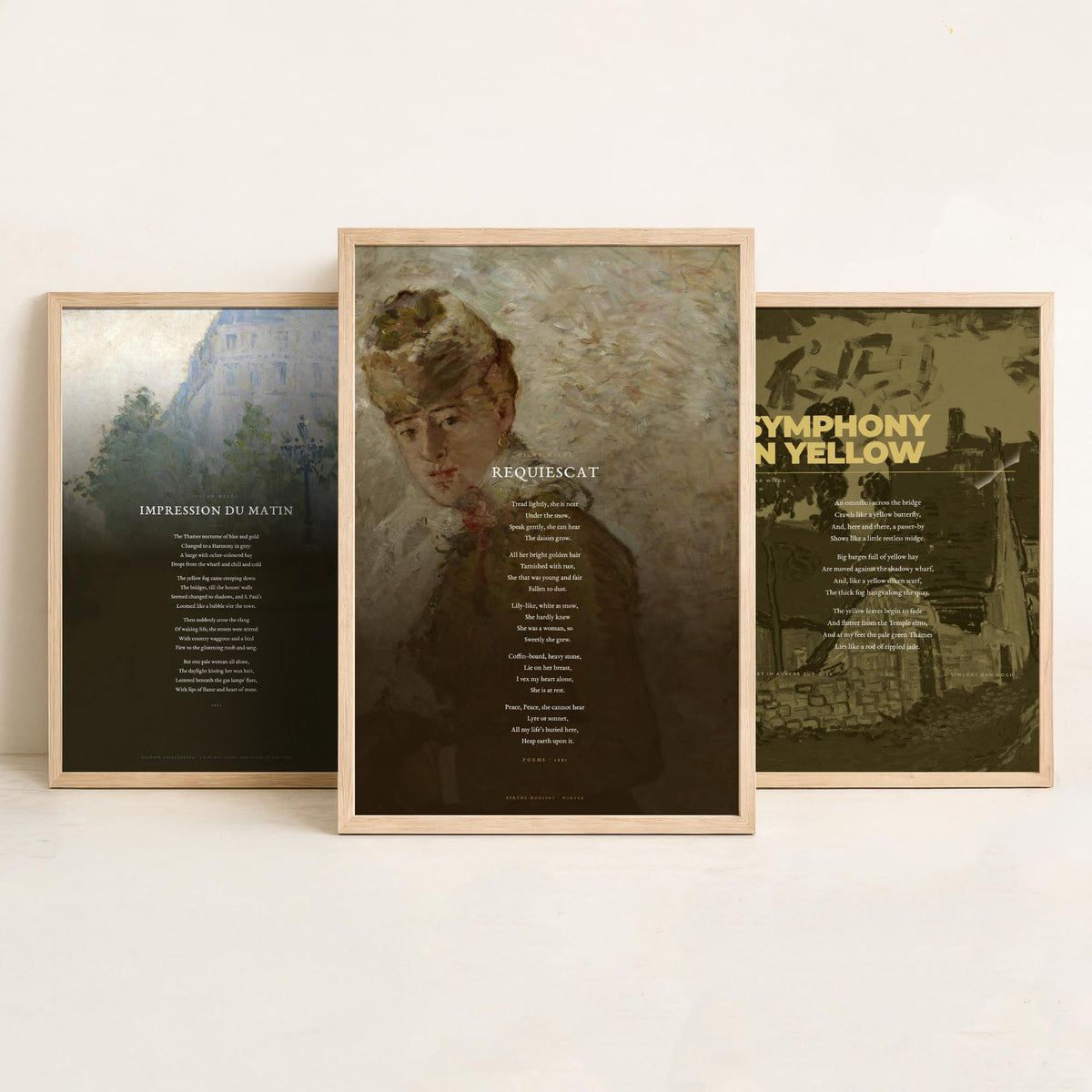 Oscar Wilde Poems Set of Three Art Prints - Impression du Matin, Symphony in Yellow, Requiescat - Painting Poster Triptych