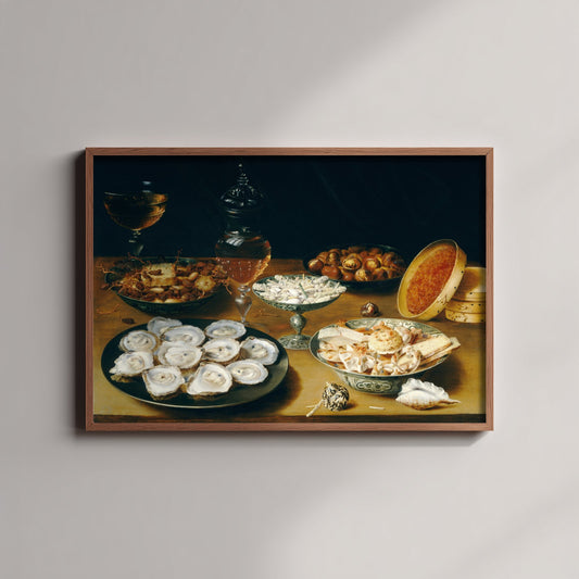 Osias Beert the Elder - Dishes with Oysters, Fruit and Wine (c. 1620) - Classic Painting Art Print - Flemish Still Life Poster