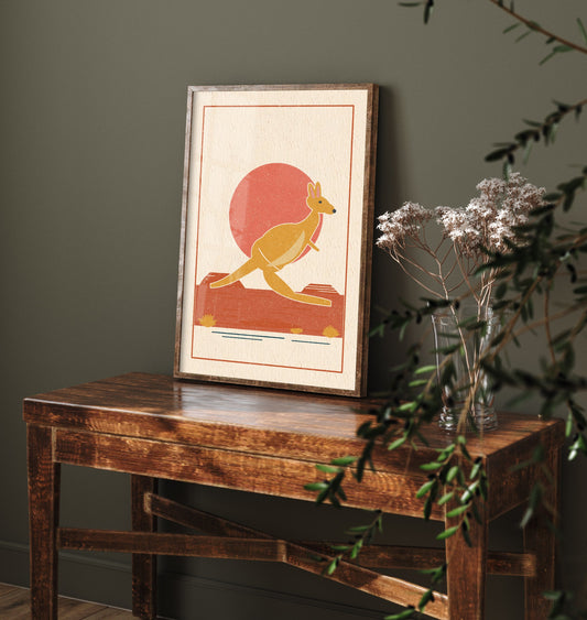 Kangaroo Art Print - Red Centre Outback Poster - Linocut Style Australian Animal Illustration V1 1/3