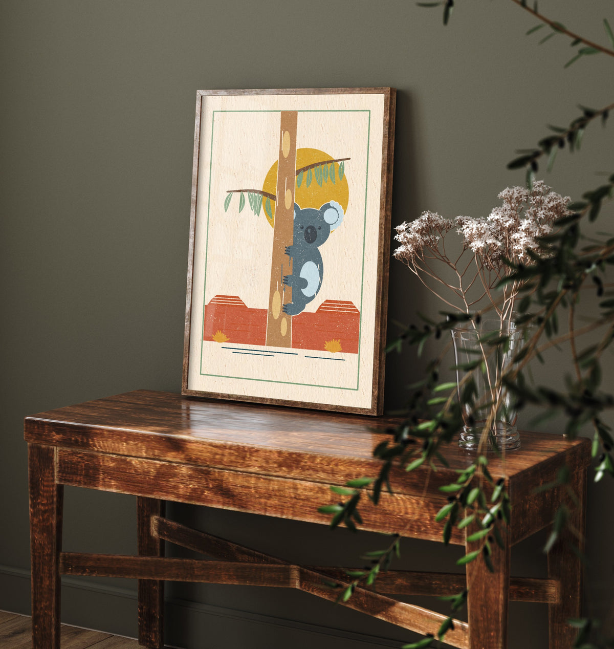 Koala Art Print - Gum Tree Australian Nursery Poster - Eucalyptus and Sun Illustration V1 2/3