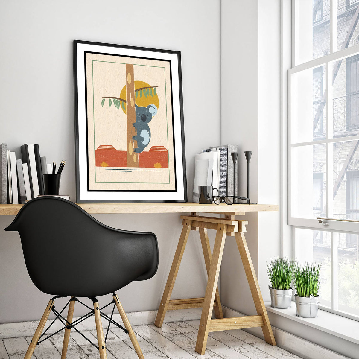 Koala Art Print - Gum Tree Australian Nursery Poster - Eucalyptus and Sun Illustration V1 2/3
