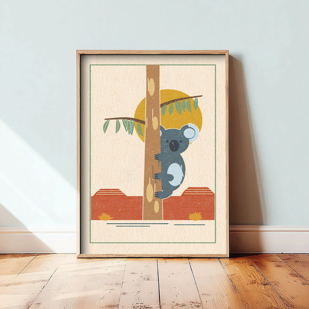 Koala Art Print - Gum Tree Australian Nursery Poster - Eucalyptus and Sun Illustration V1 2/3
