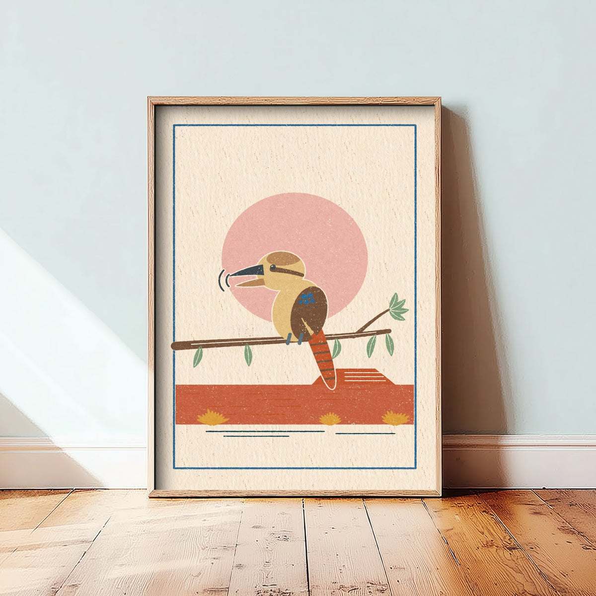Laughing Kookaburra Art Print - Pink Sun Bush Bird Poster - Retro Australian Woodcut V1 3/3