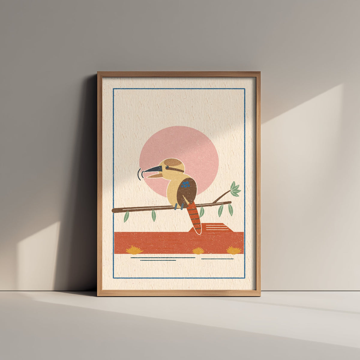 Laughing Kookaburra Art Print - Pink Sun Bush Bird Poster - Retro Australian Woodcut V1 3/3