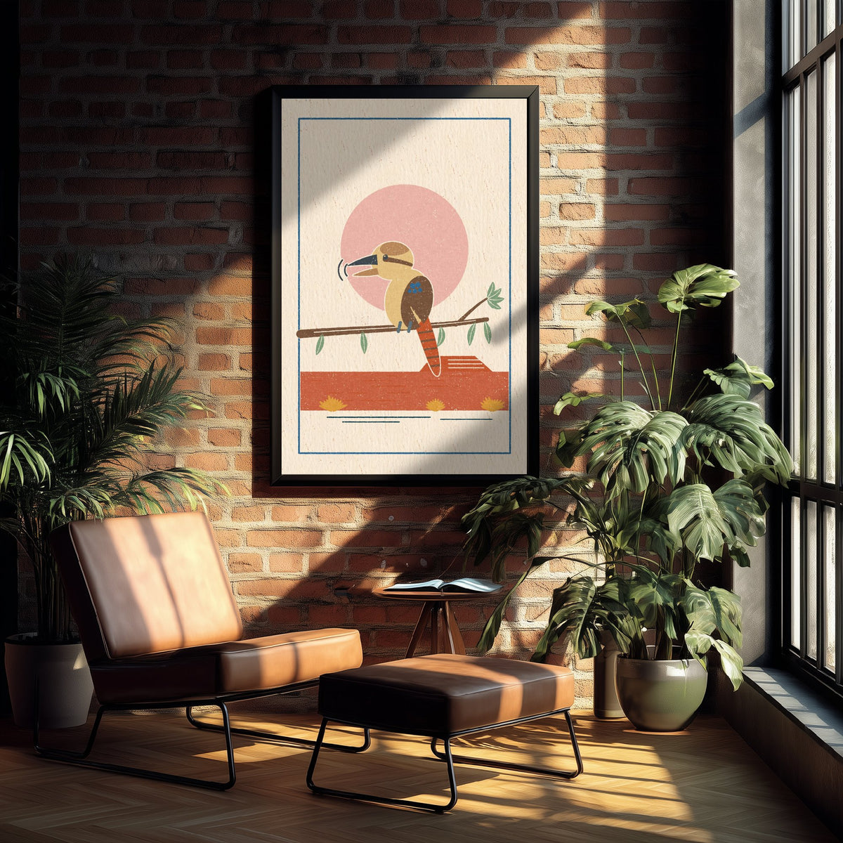 Laughing Kookaburra Art Print - Pink Sun Bush Bird Poster - Retro Australian Woodcut V1 3/3