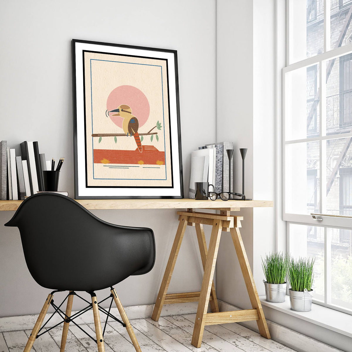 Laughing Kookaburra Art Print - Pink Sun Bush Bird Poster - Retro Australian Woodcut V1 3/3