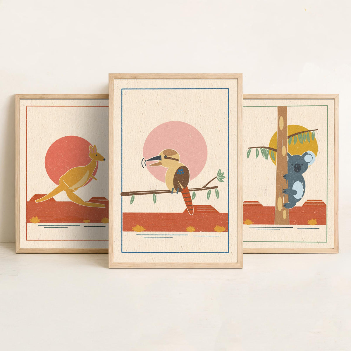 Australian Outback Animal Set of Three Art Prints - Kangaroo, Koala, Kookaburra - Linocut Style Poster Illustration V1