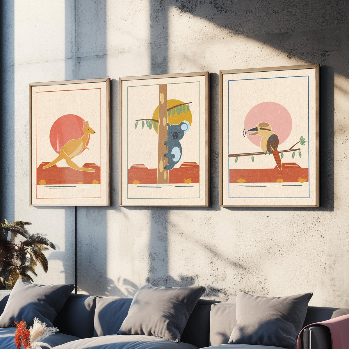 Australian Outback Animal Set of Three Art Prints - Kangaroo, Koala, Kookaburra - Linocut Style Poster Illustration V1