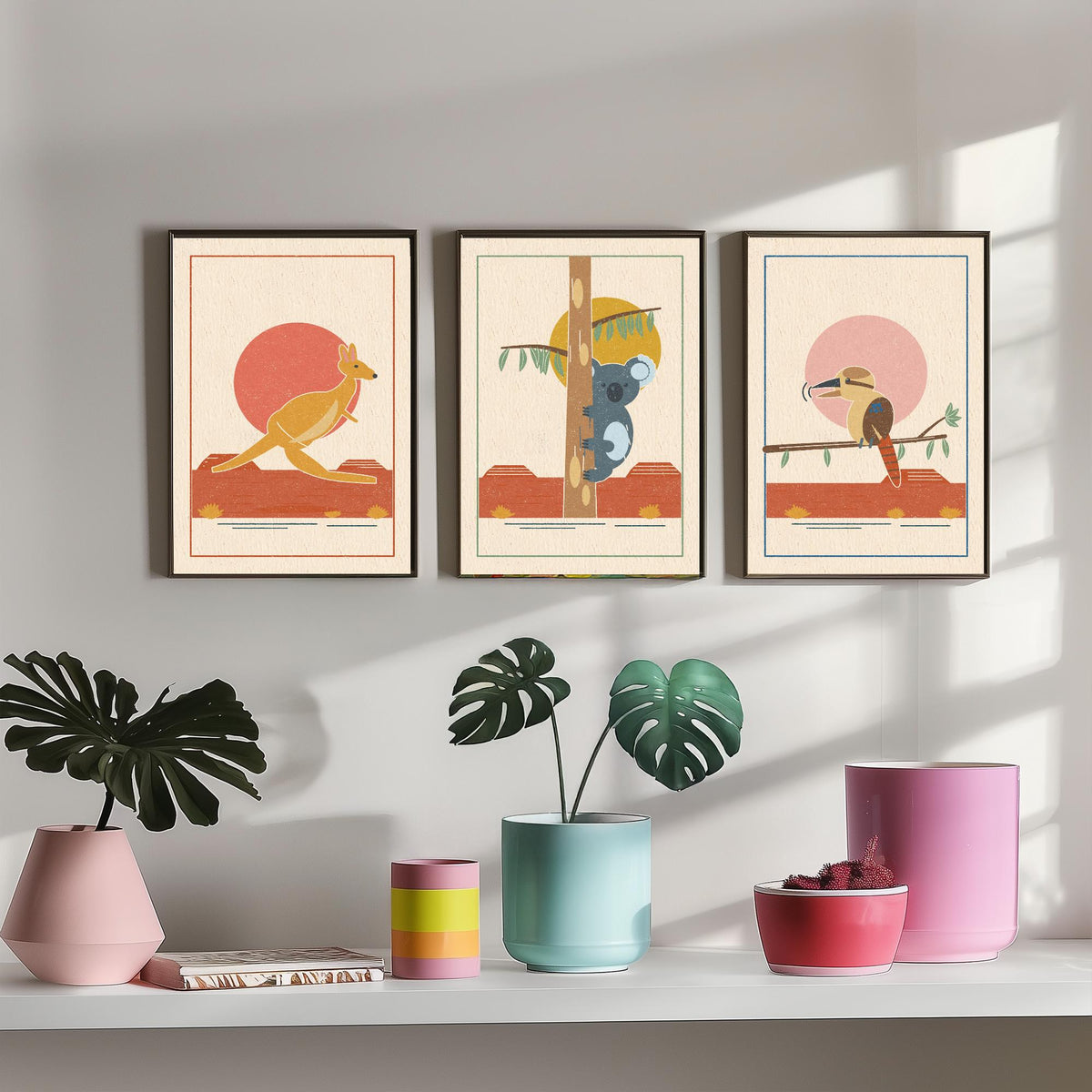 Australian Outback Animal Set of Three Art Prints - Kangaroo, Koala, Kookaburra - Linocut Style Poster Illustration V1