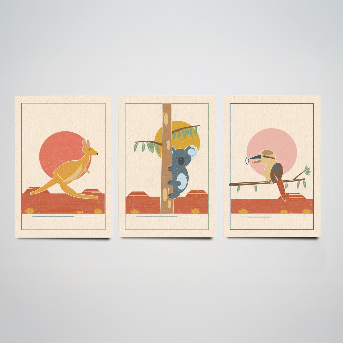 Australian Outback Animal Set of Three Art Prints - Kangaroo, Koala, Kookaburra - Linocut Style Poster Illustration V1