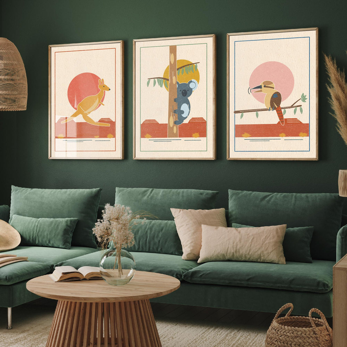 Australian Outback Animal Set of Three Art Prints - Kangaroo, Koala, Kookaburra - Linocut Style Poster Illustration V1