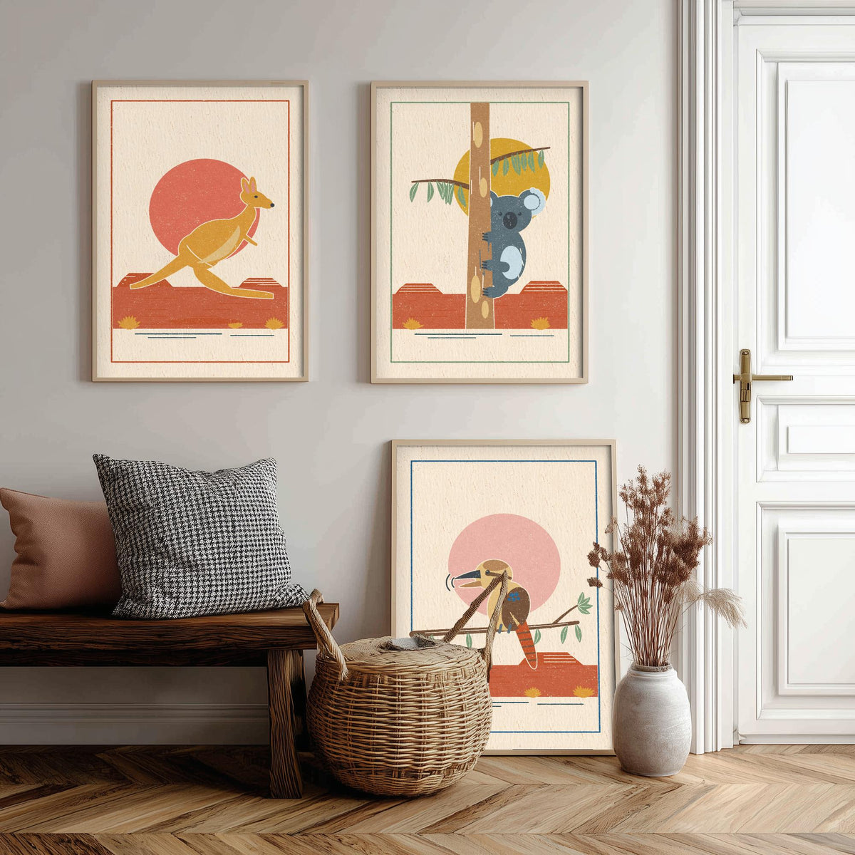 Australian Outback Animal Set of Three Art Prints - Kangaroo, Koala, Kookaburra - Linocut Style Poster Illustration V1