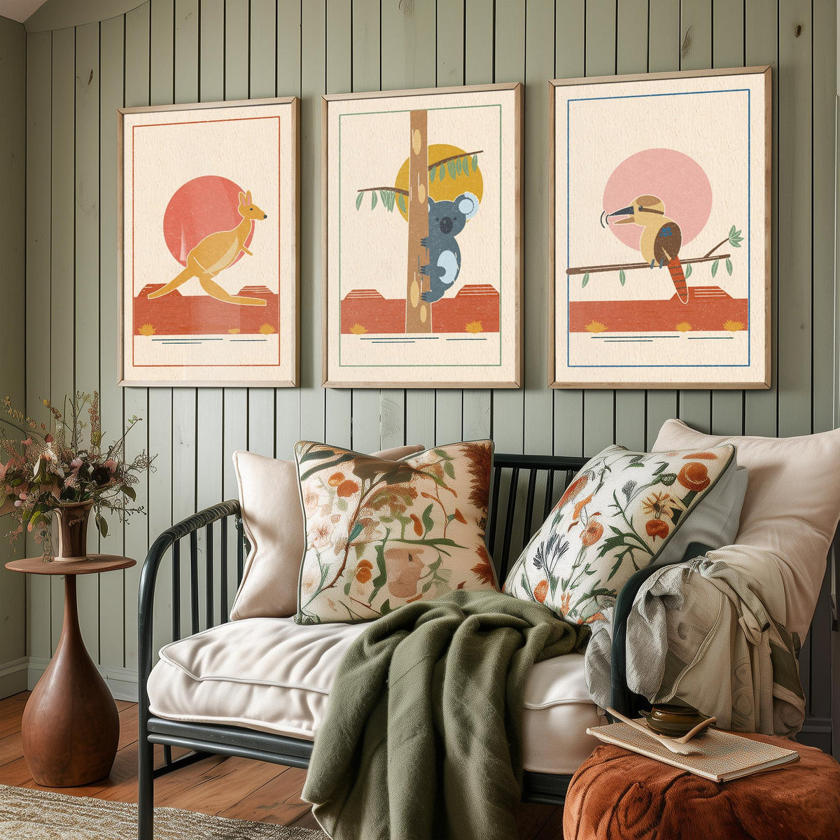 Australian Outback Animal Set of Three Art Prints - Kangaroo, Koala, Kookaburra - Linocut Style Poster Illustration V1