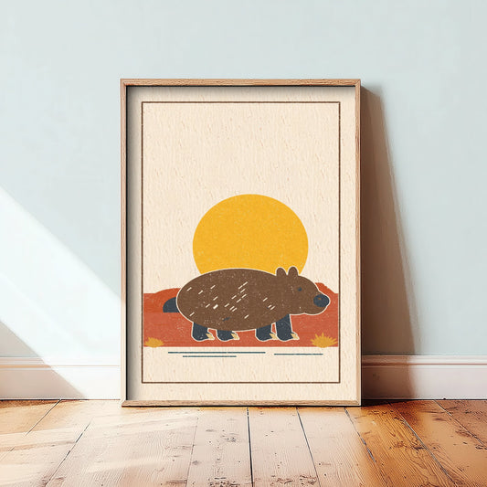 Wombat Art Print - Outback Sunset Linocut Style Poster - Australian Animal Illustration V2 1/3