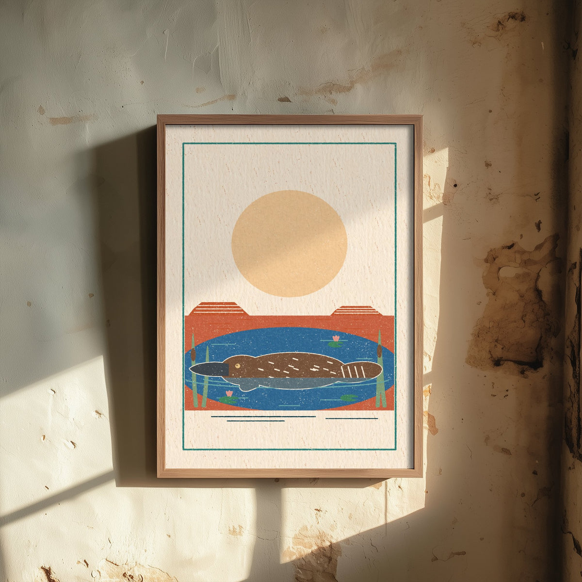 Platypus Art Print - Billabong Swim Poster - Retro Linocut Australian Wildlife Illustration V2 2/3